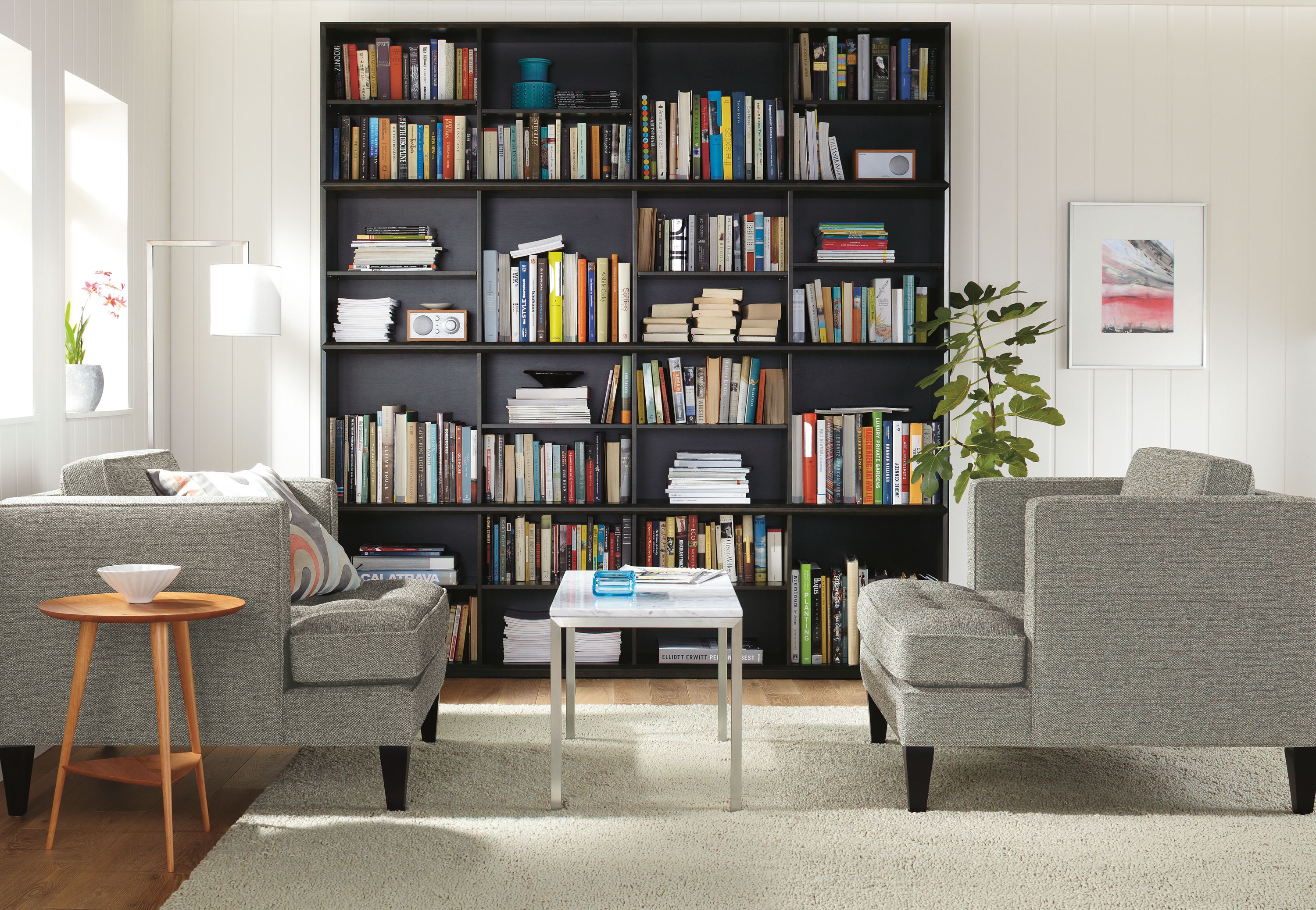 Living room with Rollins stacking cubes in charcoal.