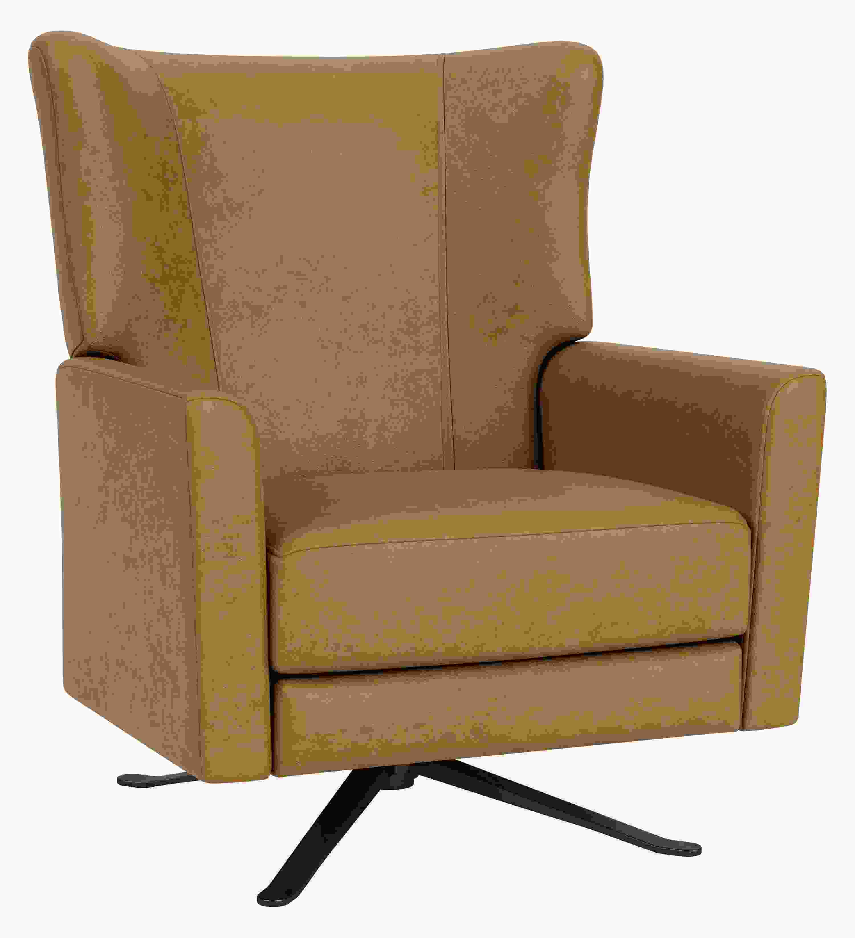 Angled view of Roth Recliner in Palermo Camel Leather with Burnished Bronze Swivel Base.