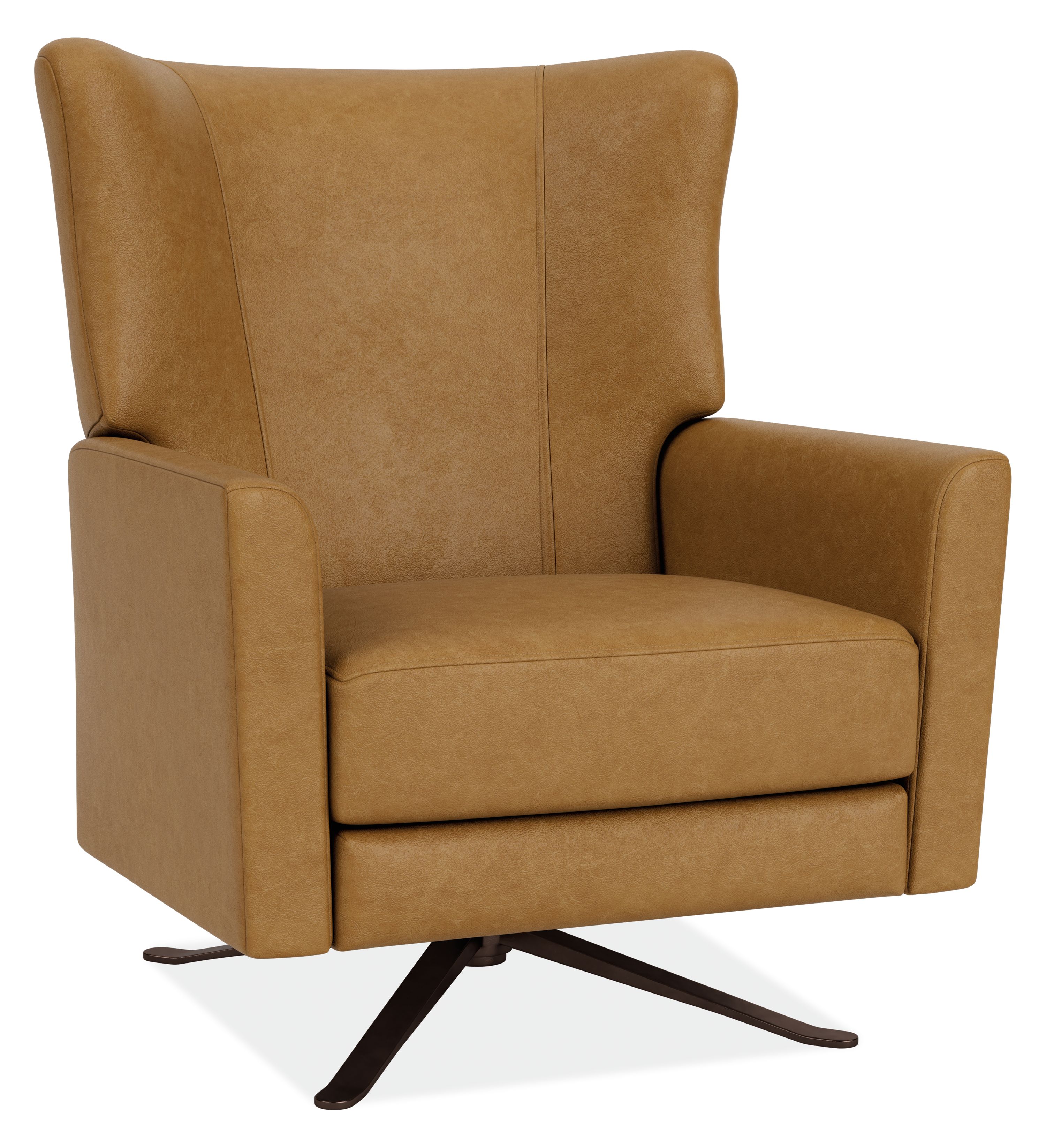 Angled view of Roth Recliner in Palermo Camel Leather with Burnished Bronze Swivel Base.