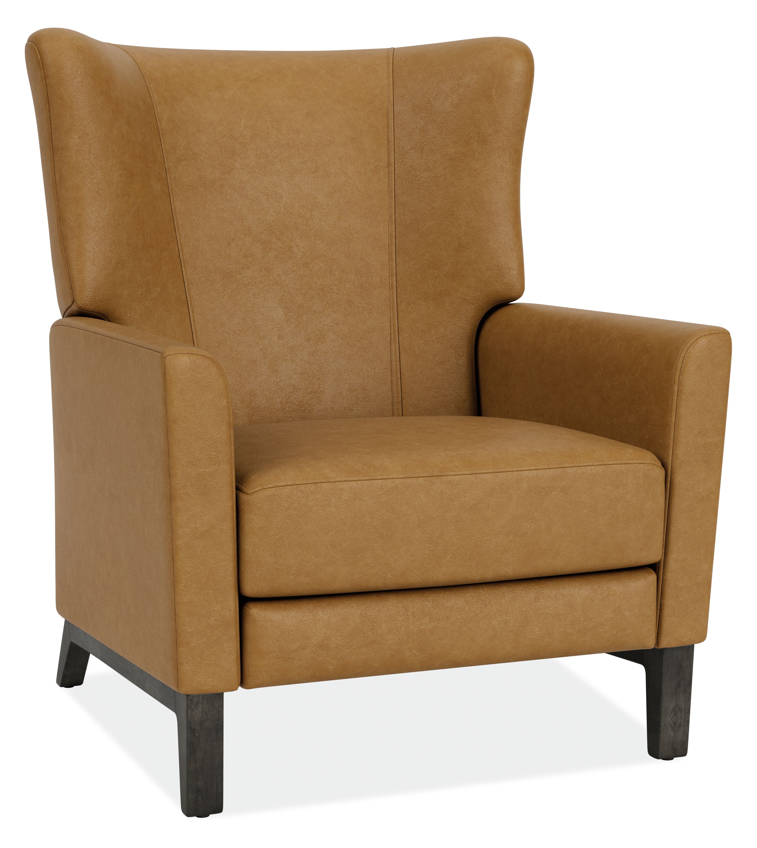 Angled view of Roth Recliner in Palermo Camel Leather with Charcoal Wood Sled Base.
