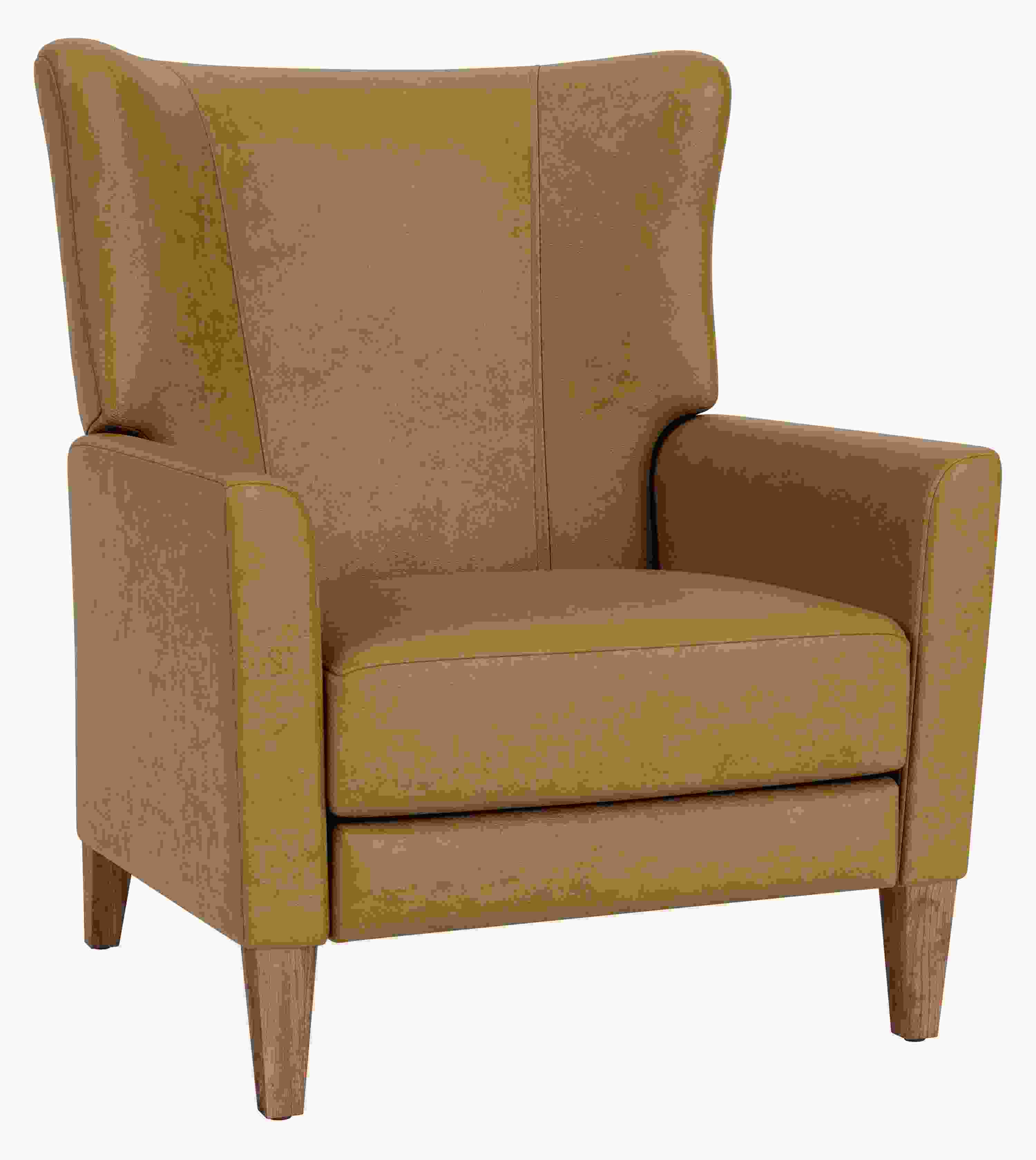 Angled view of Roth Recliner in Palermo Camel Leather with Walnut Wood Legs.