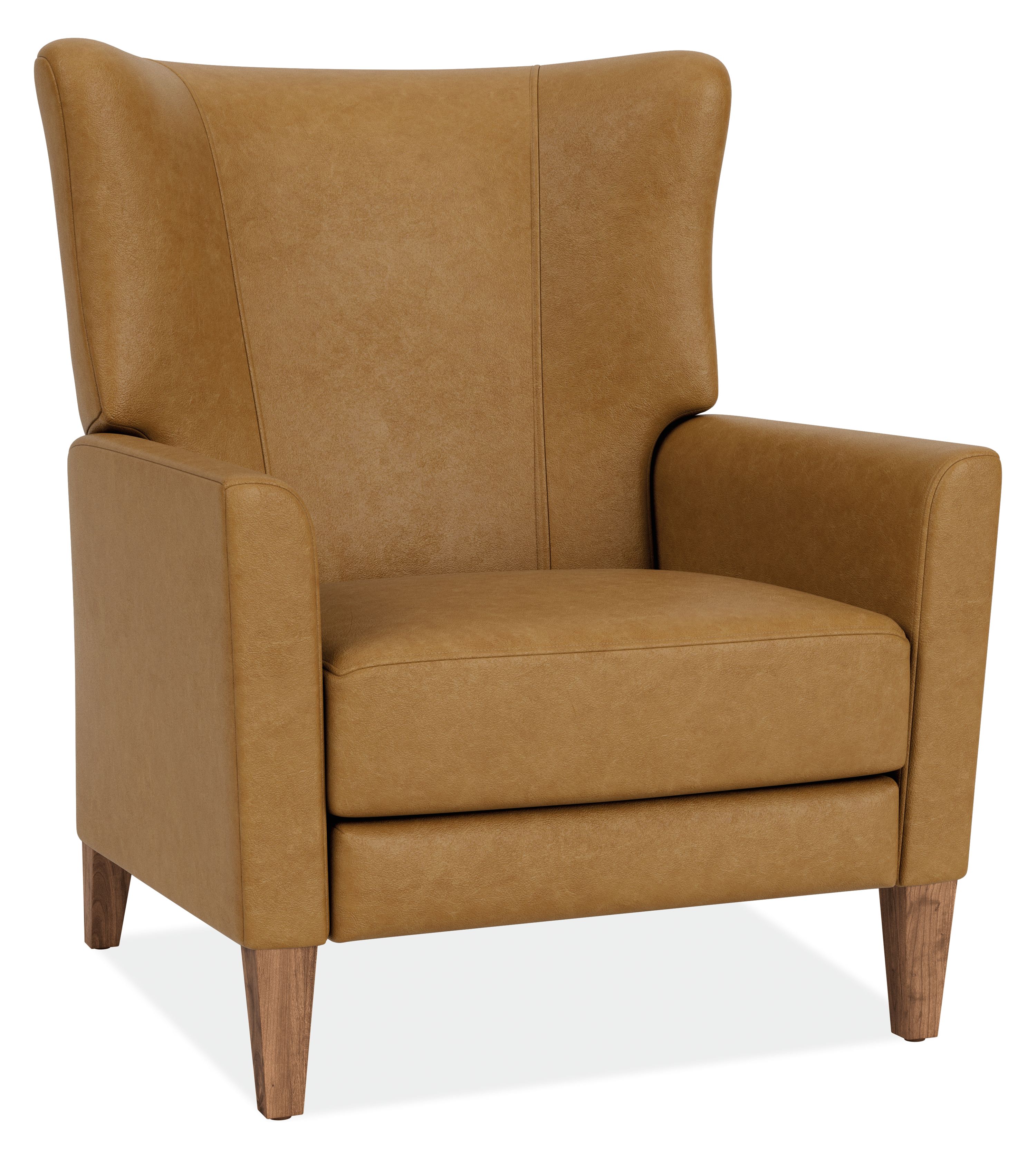 Angled view of Roth Recliner in Palermo Camel Leather with Walnut Wood Legs.