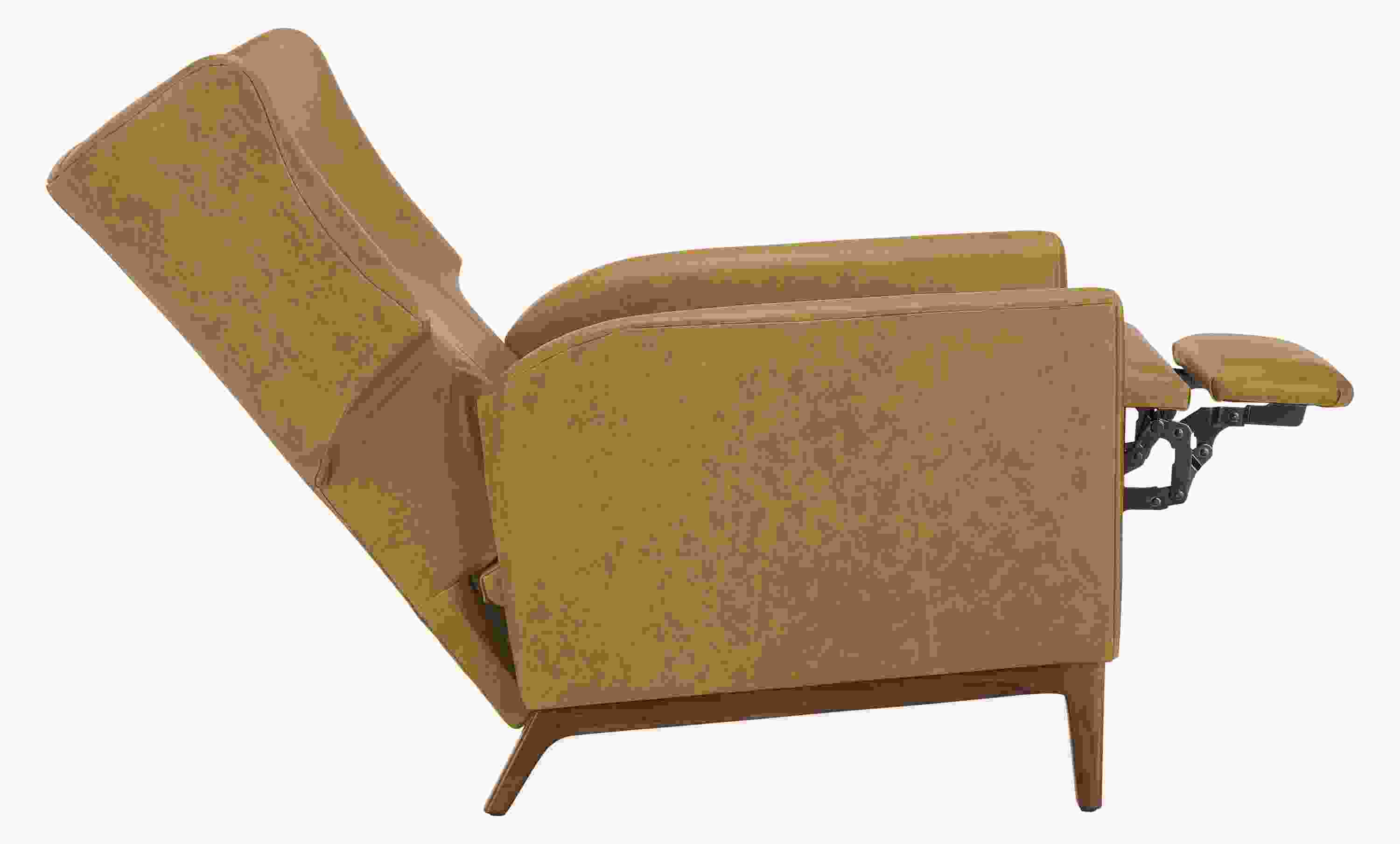 Profile of a roth recliner in palermo camel leather with walnut base showing chair in reclining position with footrest extended.