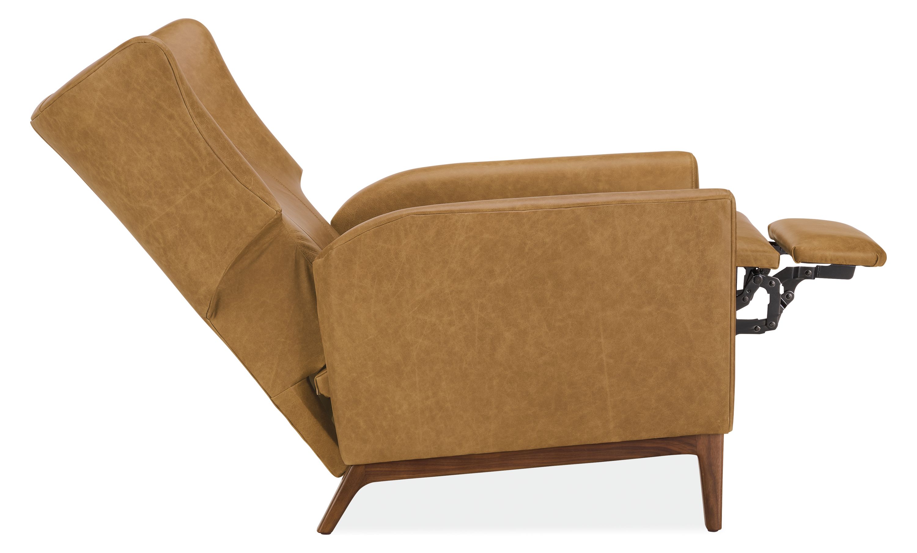 Profile of a roth recliner in palermo camel leather with walnut base showing chair in reclining position with footrest extended.