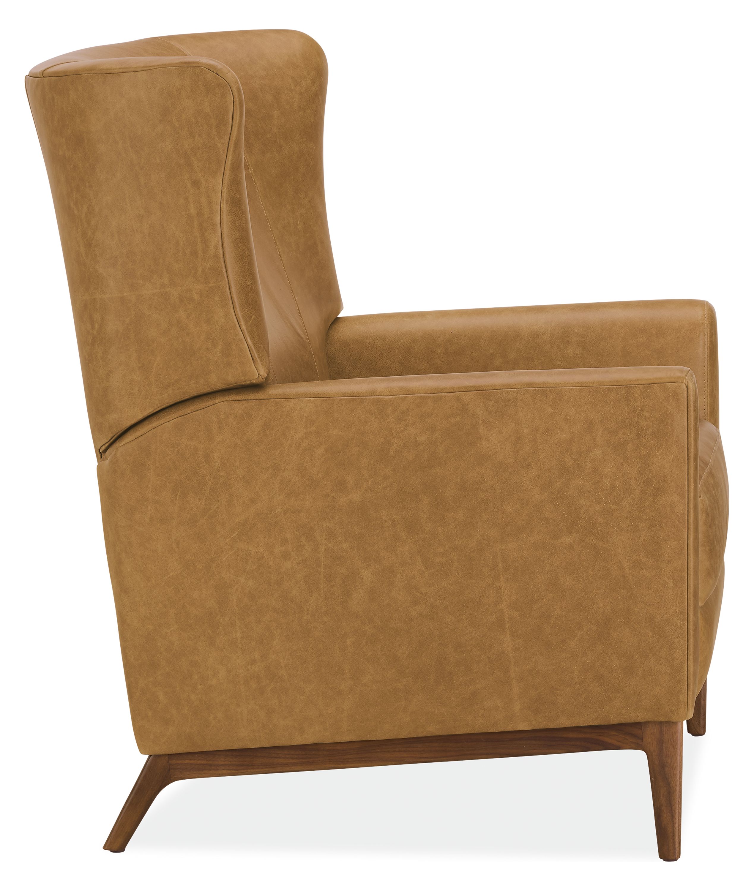 Profile of roth recliner in palermo camel leather with walnut base.
