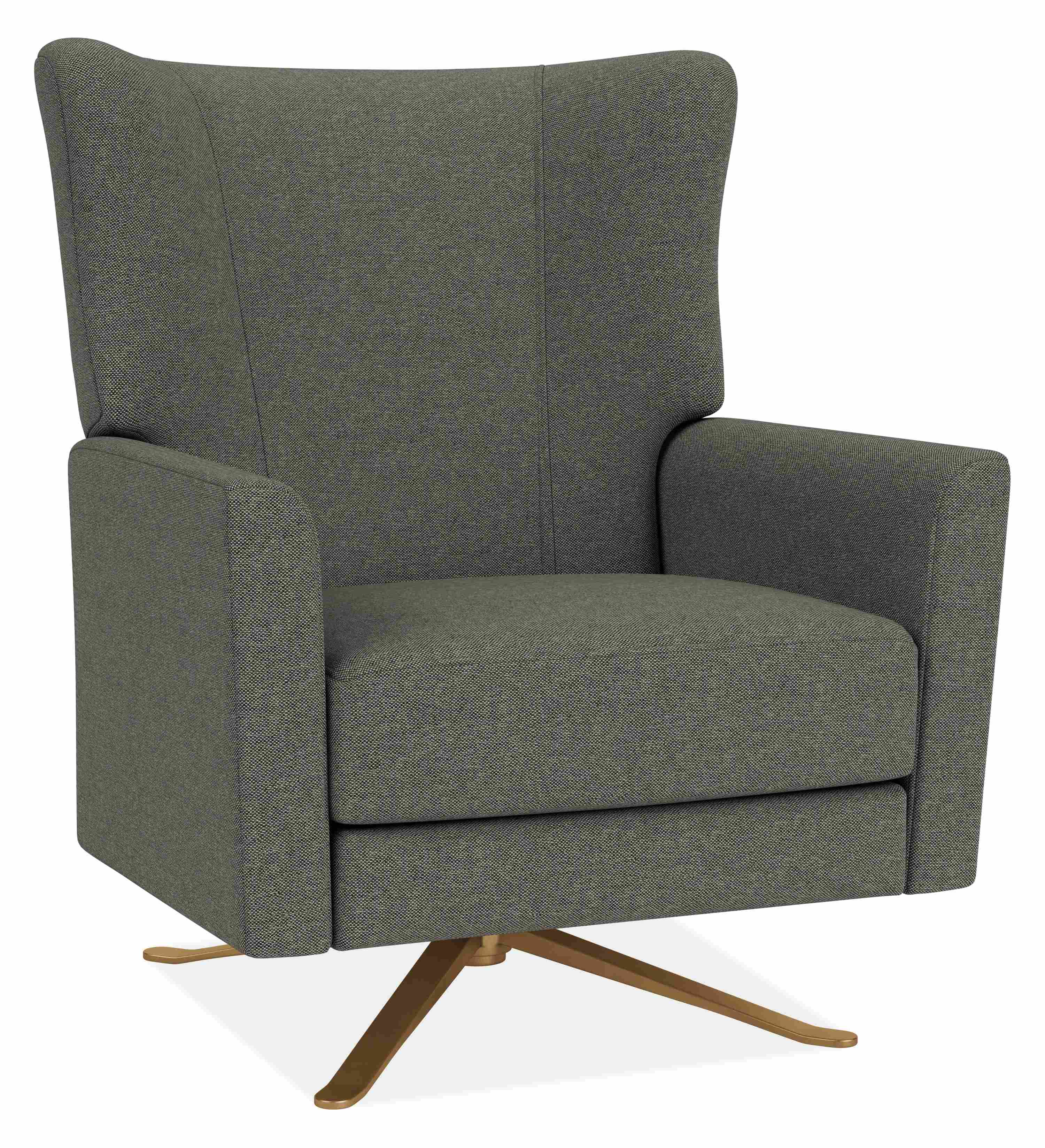 Angled view of Roth Recliner in Sumner Graphite Fabric with Antique Brass Swivel Base.