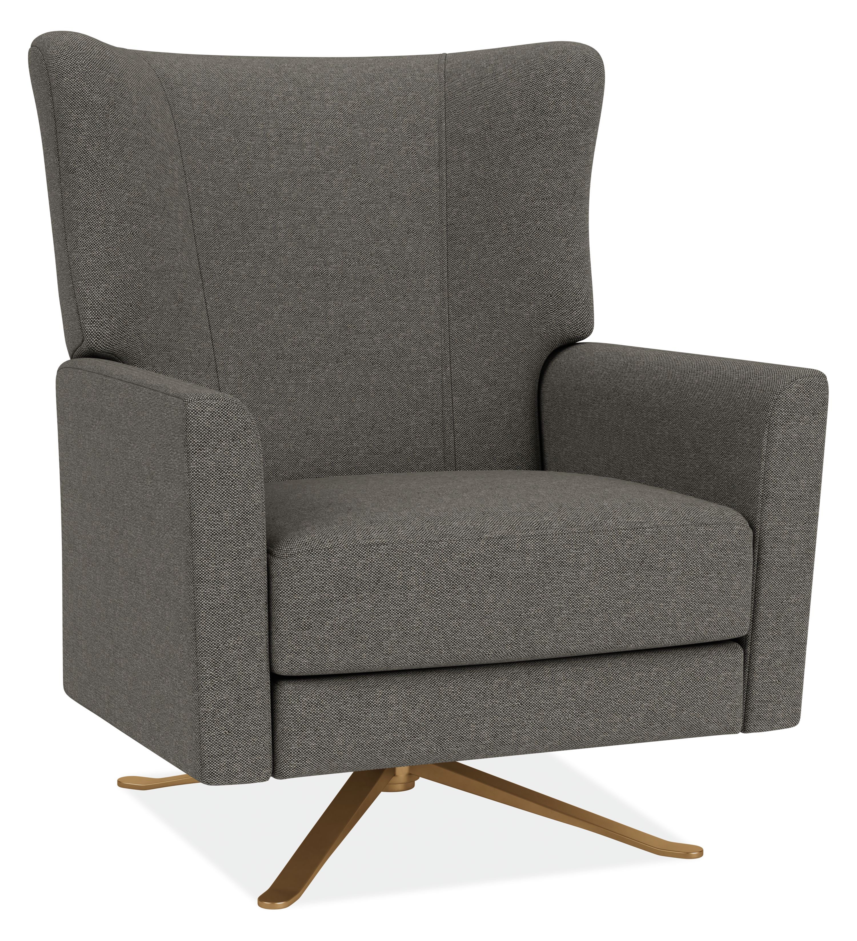 Angled view of Roth Recliner in Sumner Graphite Fabric with Antique Brass Swivel Base.