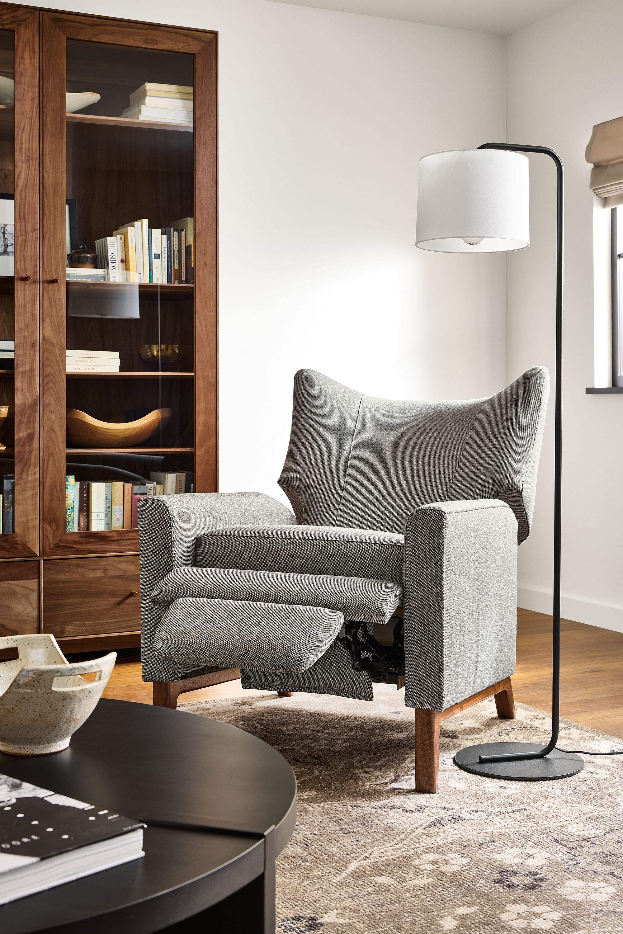 Roth recliner in Sumner graphite fabric with walnut base