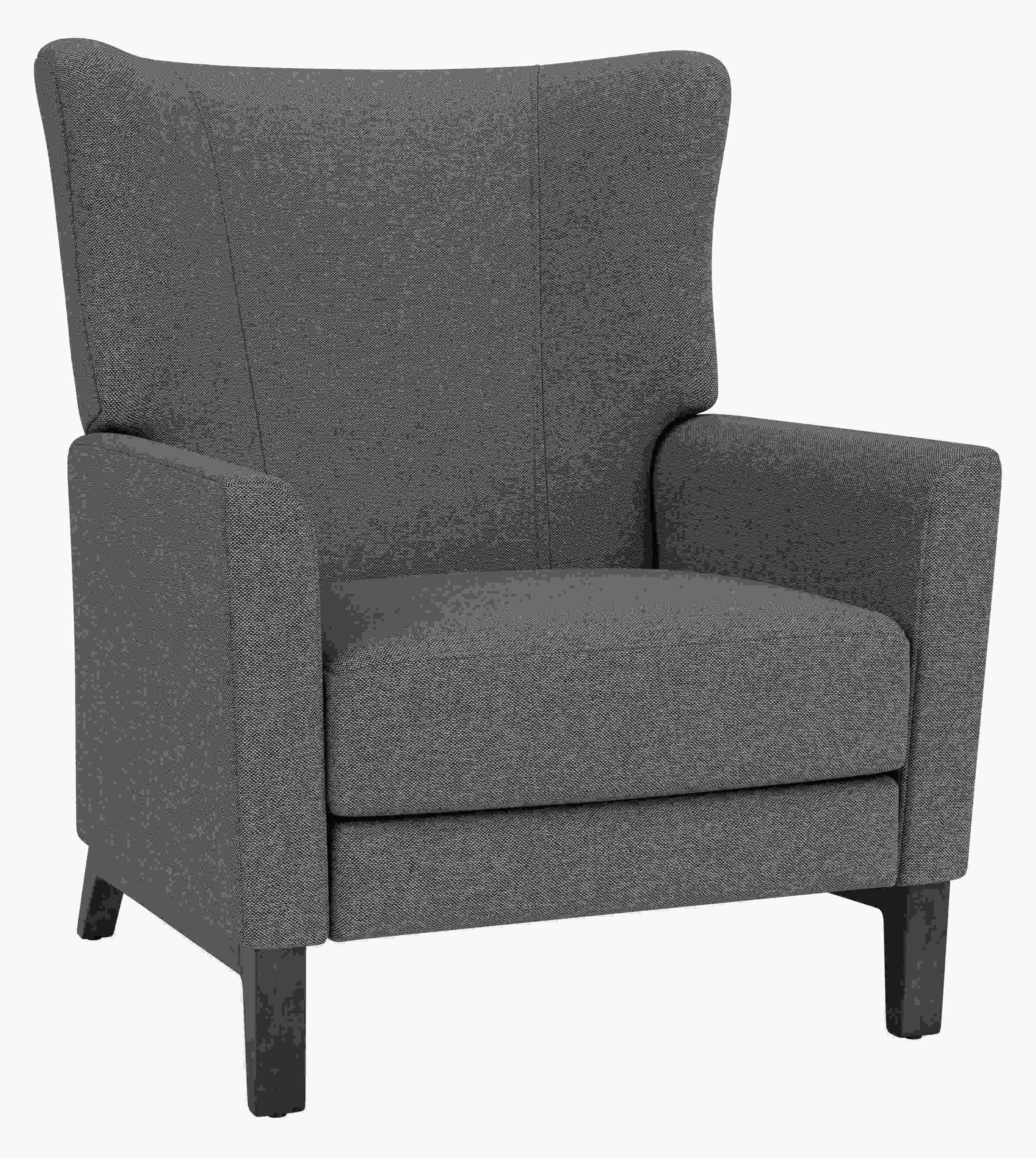 Angled view of Roth Recliner in Sumner Graphite Fabric with Charcoal Wood Sled Base.