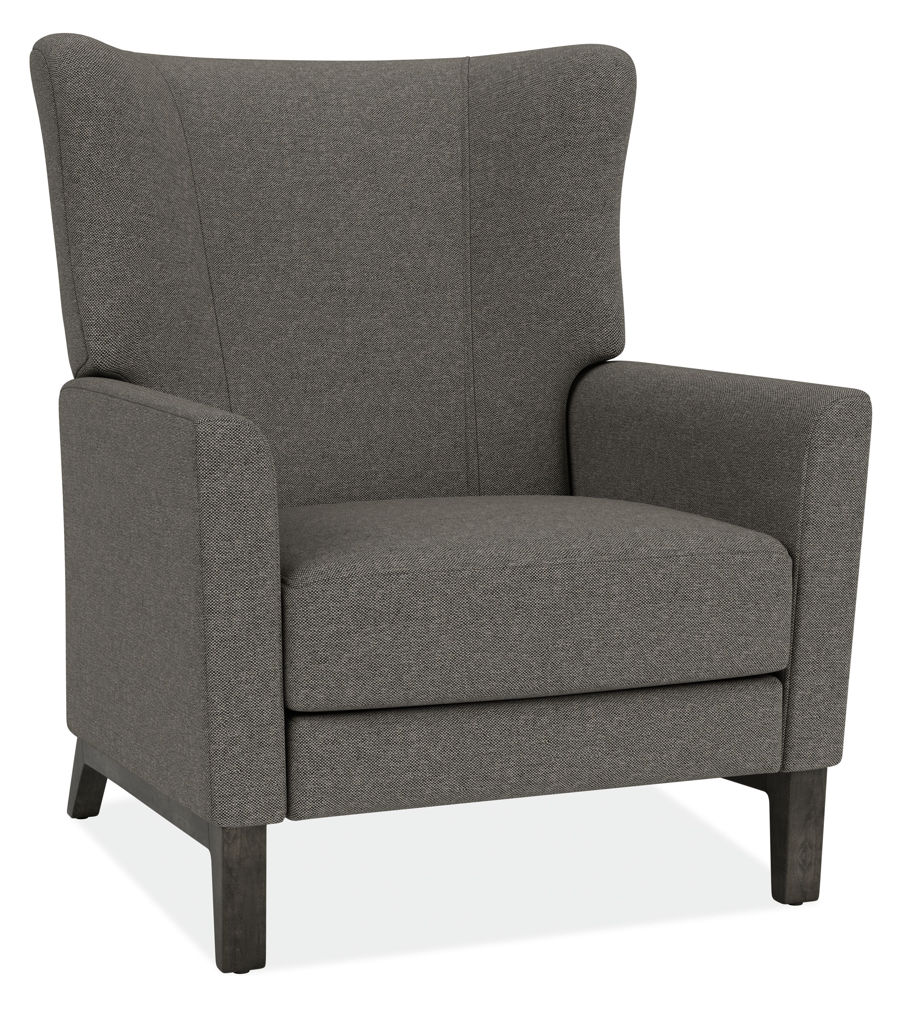 Angled view of Roth Recliner in Sumner Graphite Fabric with Charcoal Wood Sled Base.