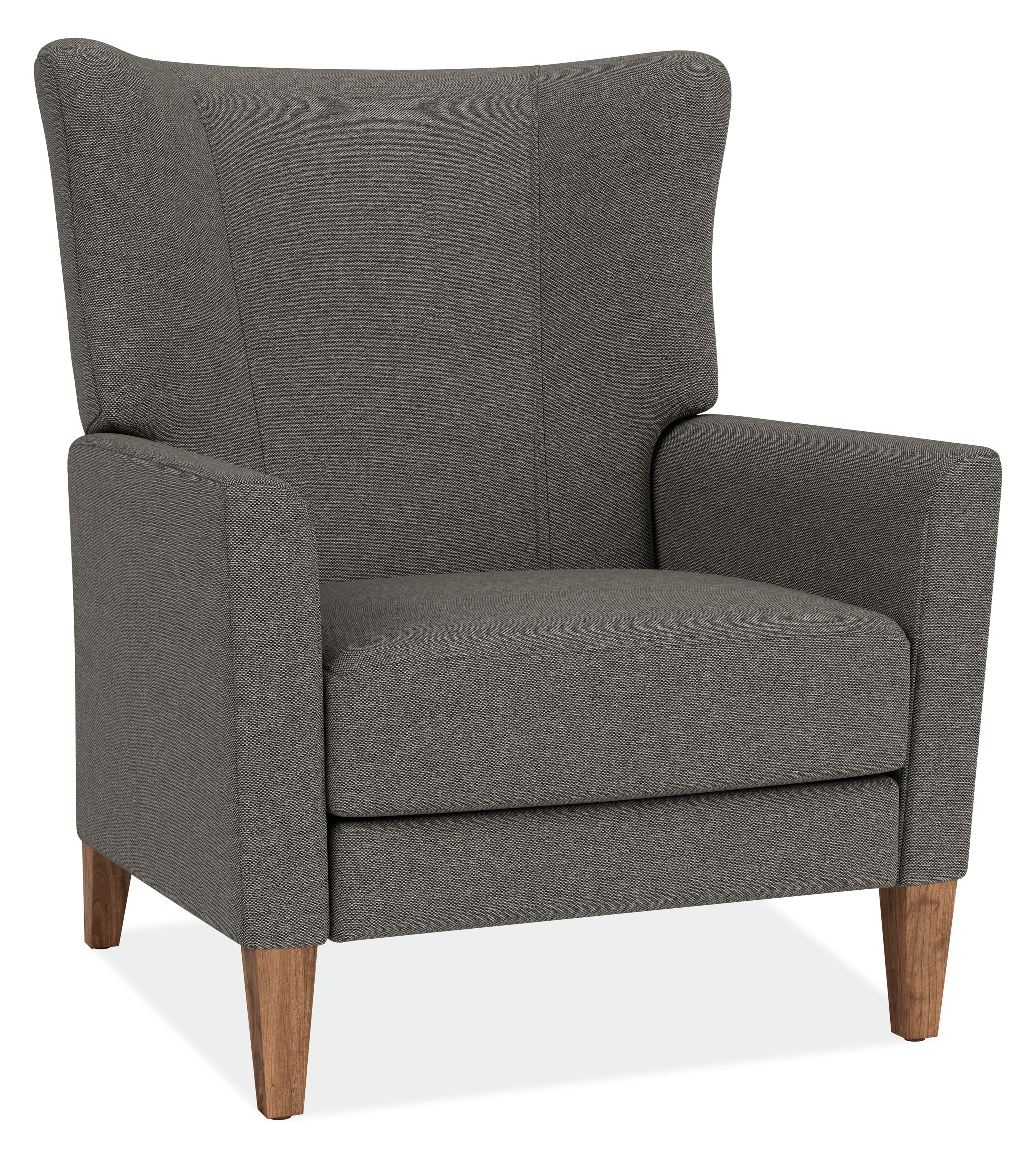 Angled view of Roth Recliner in Sumner Graphite Fabric with Walnut Wood Legs.