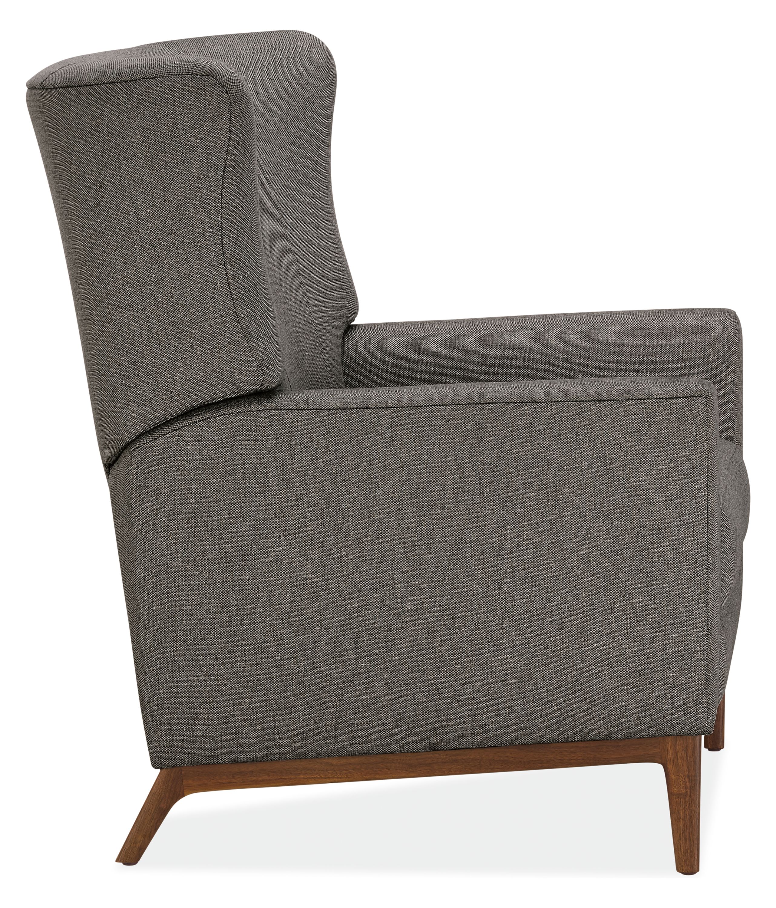 Profile of roth recliner in sumner graphite with walnut base.