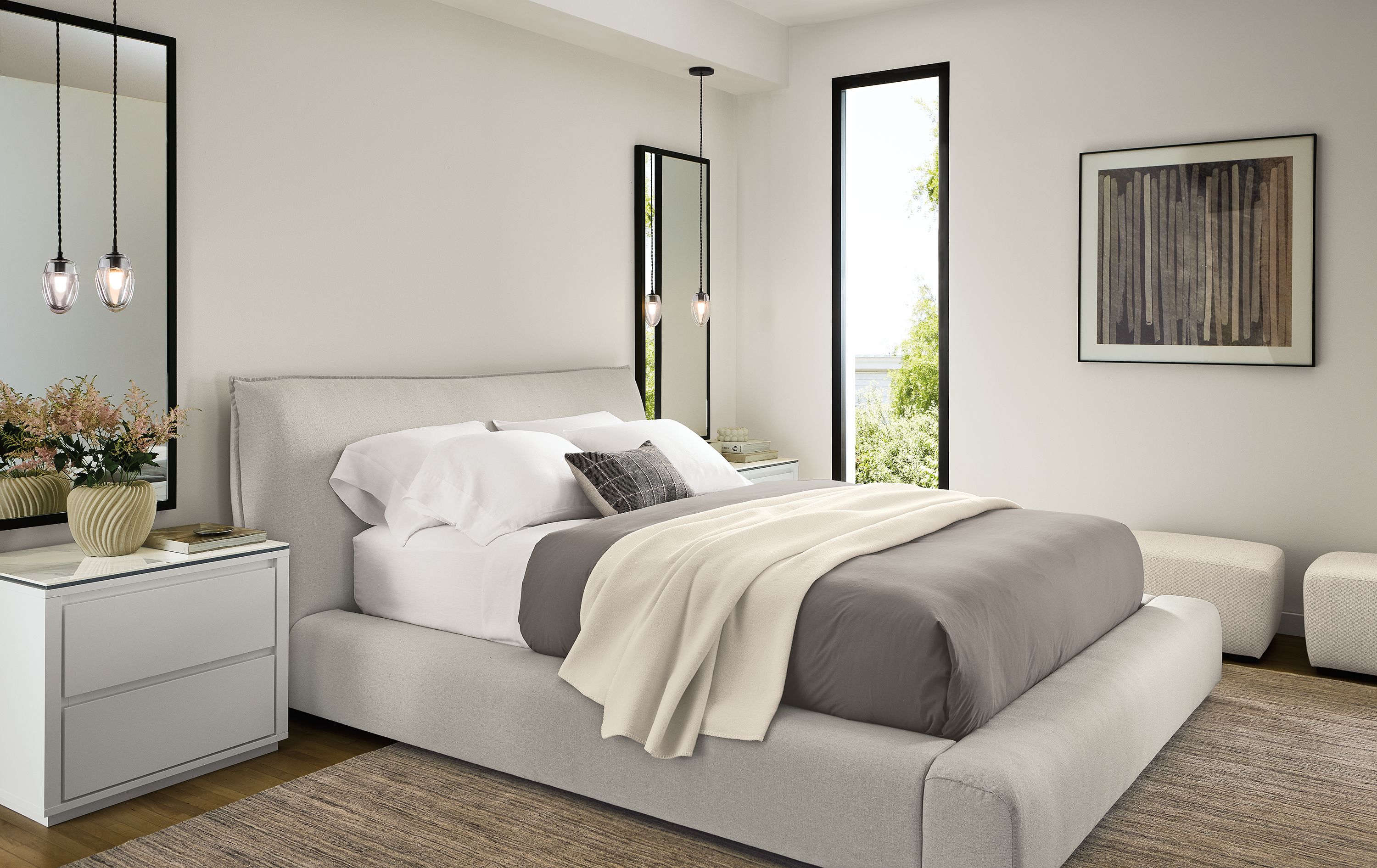 Bedroom with Rue Queen storage bed in Myers Oatmeal, 2 Arro nightstands in white marbled white ceramic top.