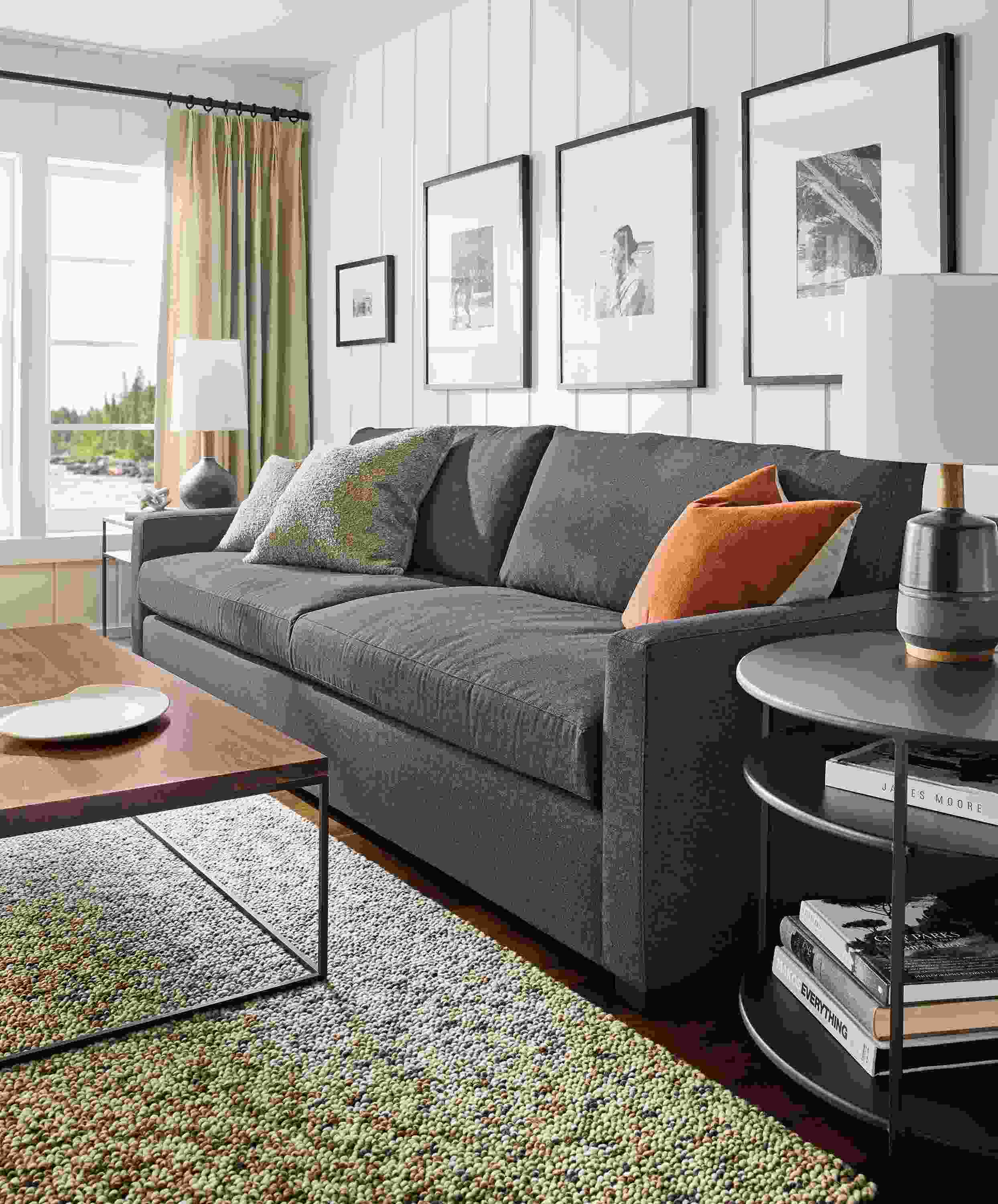 Living room with Ryan 106-wide sofa in Myers Navy, Tyne coffee table in walnut and Hastings rug in earth.