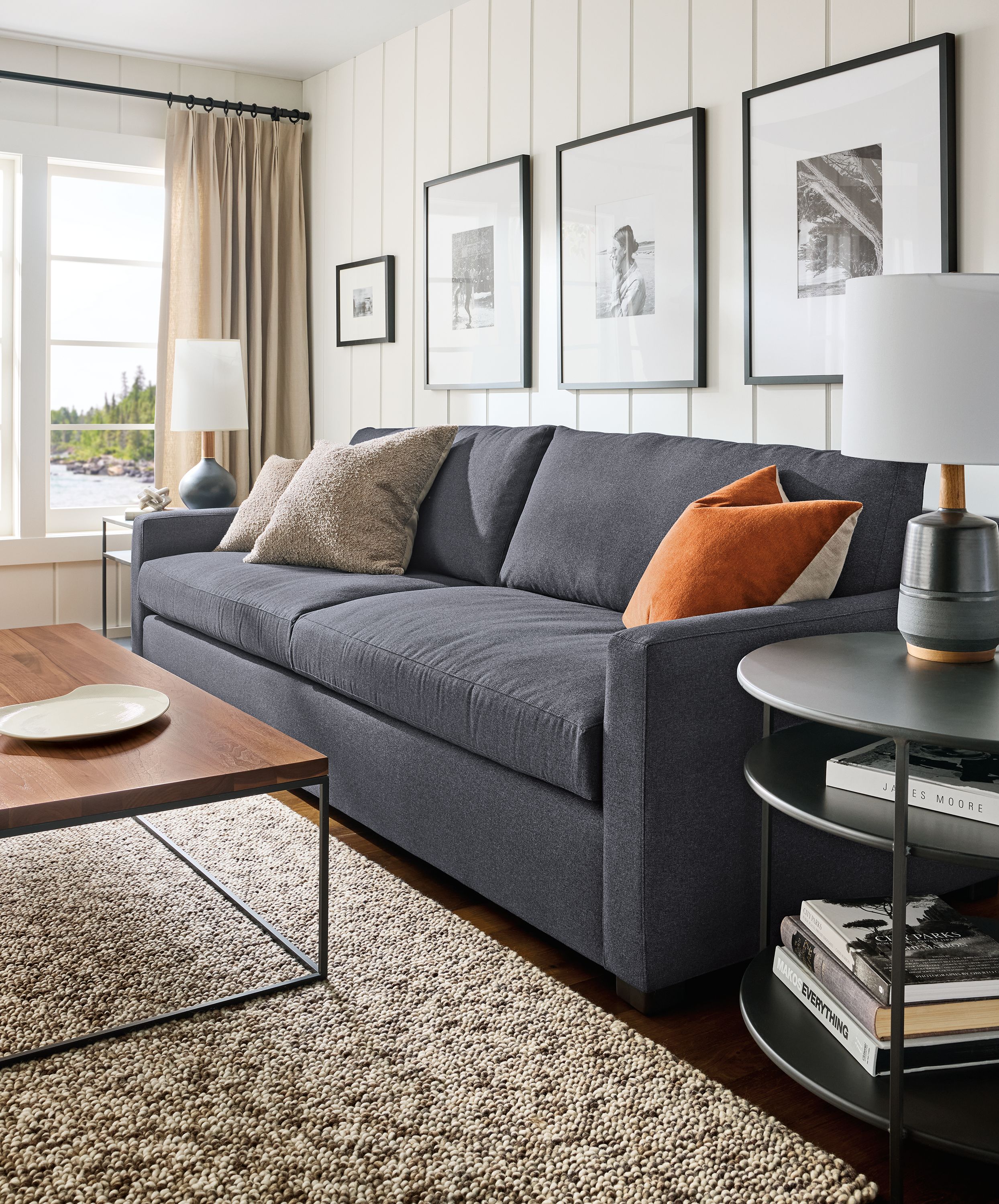Living room with Ryan 106-wide sofa in Myers Navy, Tyne coffee table in walnut and Hastings rug in earth.