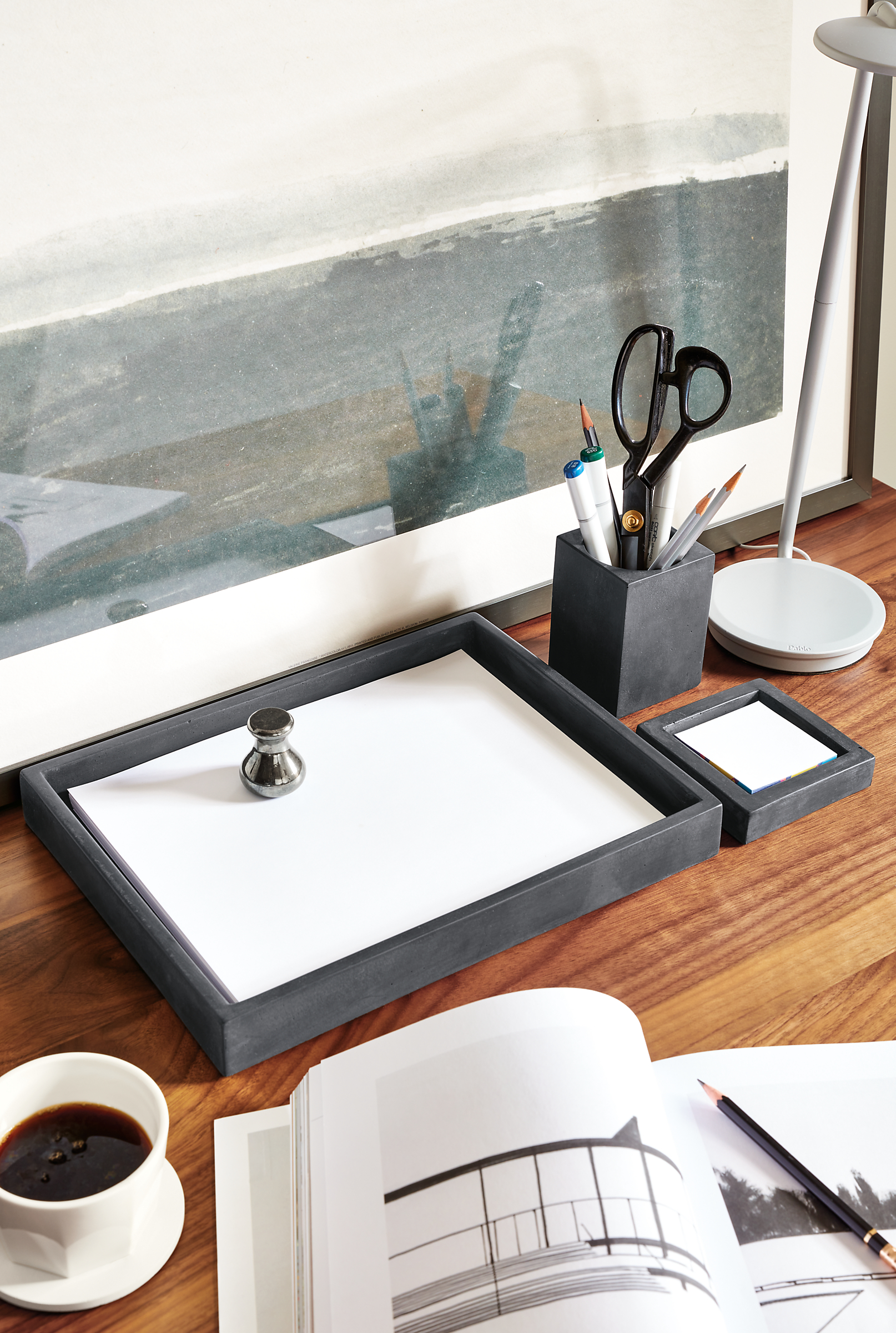 Detail shot of Saco paper tray, pencil cup and post-it holder in charcoal.