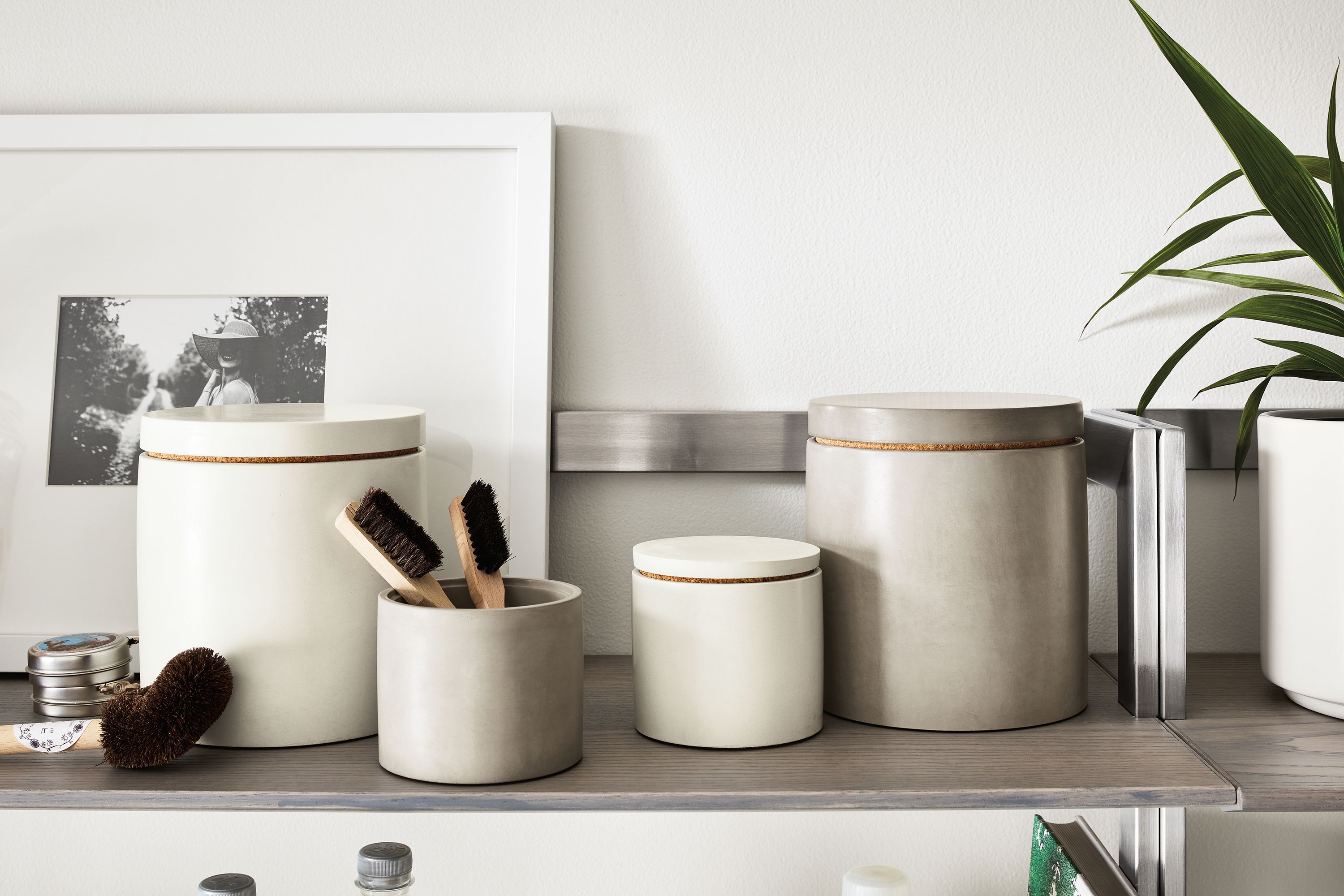 Saco large and small canisters in white and grey