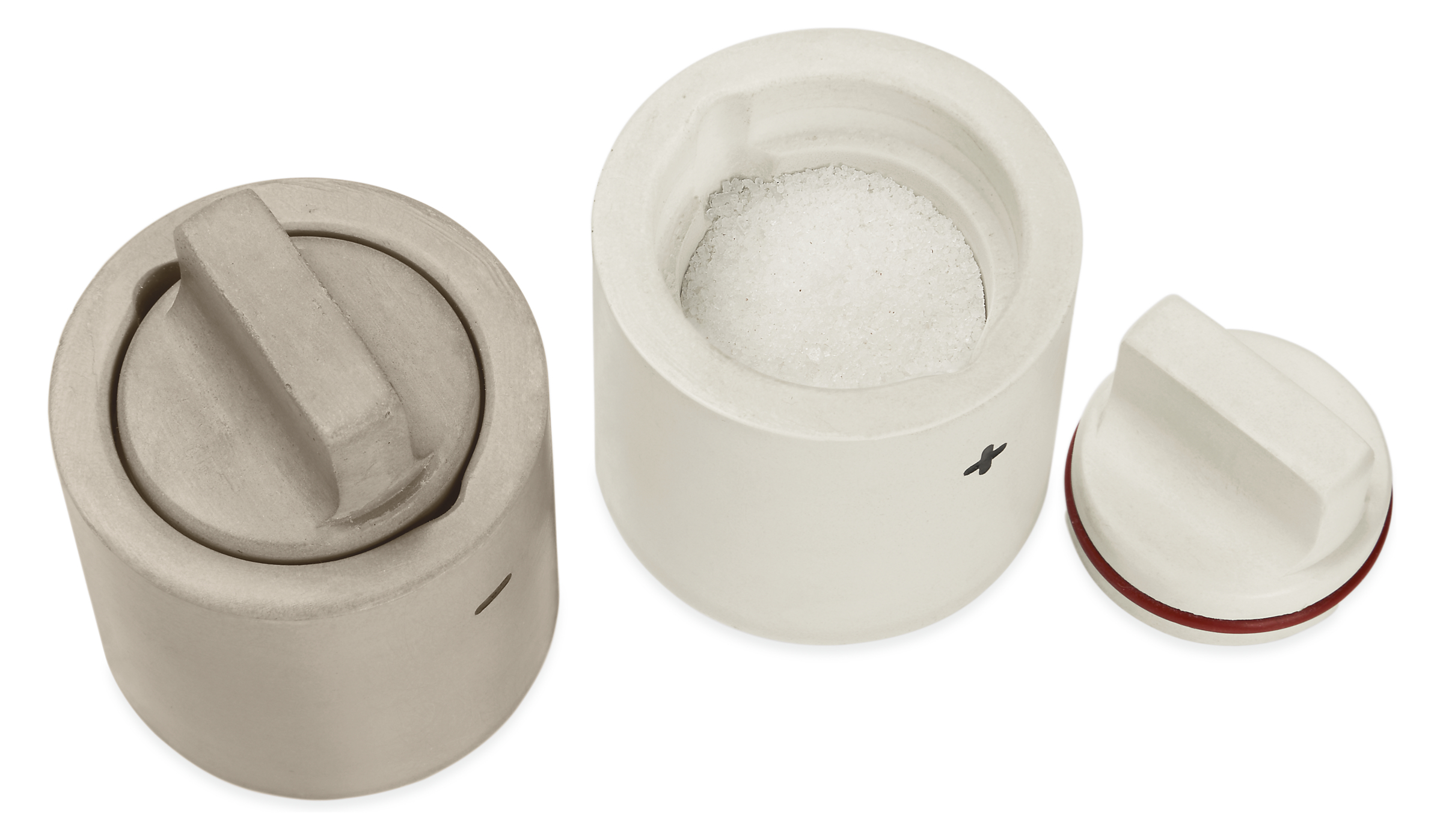 top view of Saco Salt and Pepper Shaker Set in White/Grey.