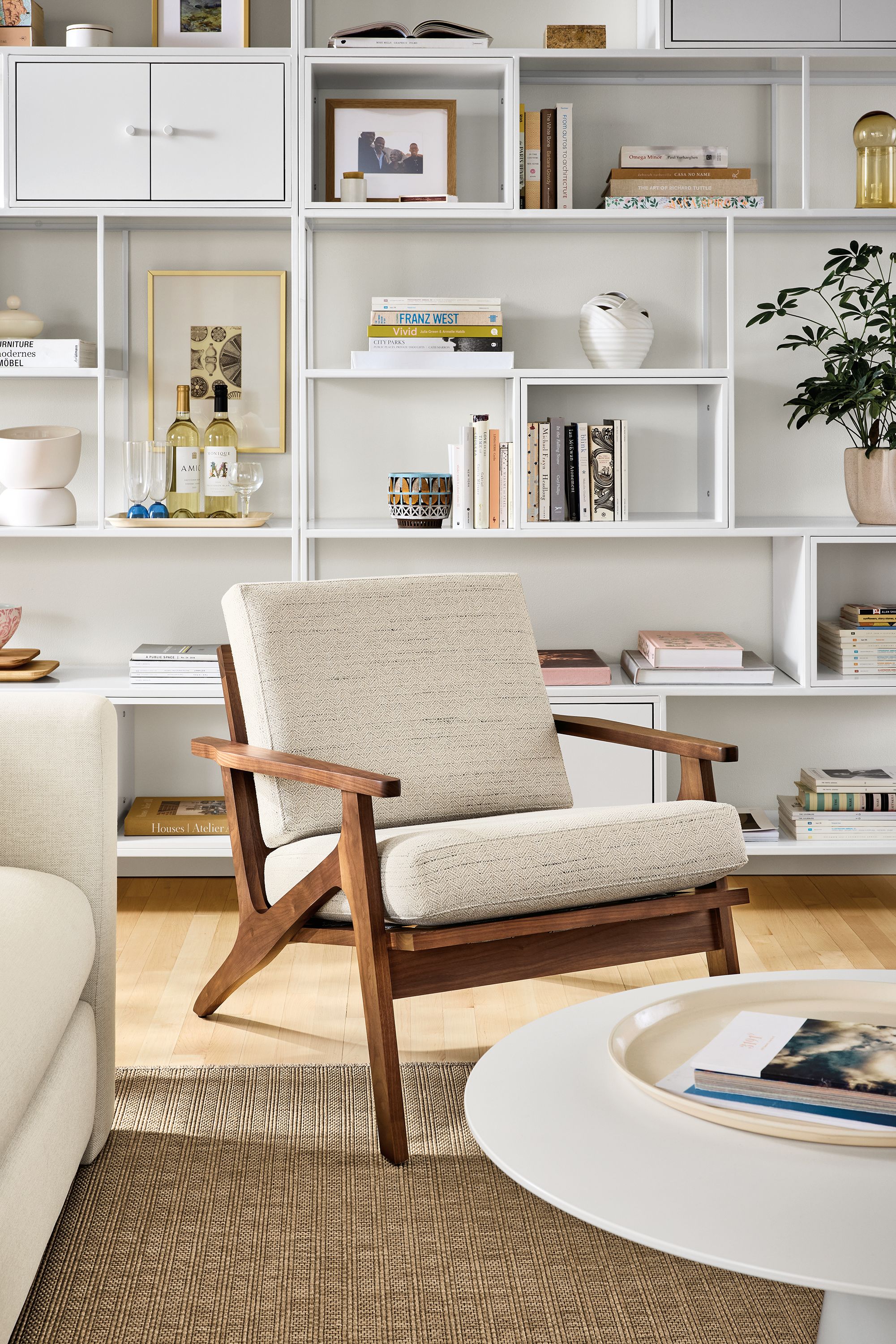 Chair in Kinsey oatmeal with walnut wood frame