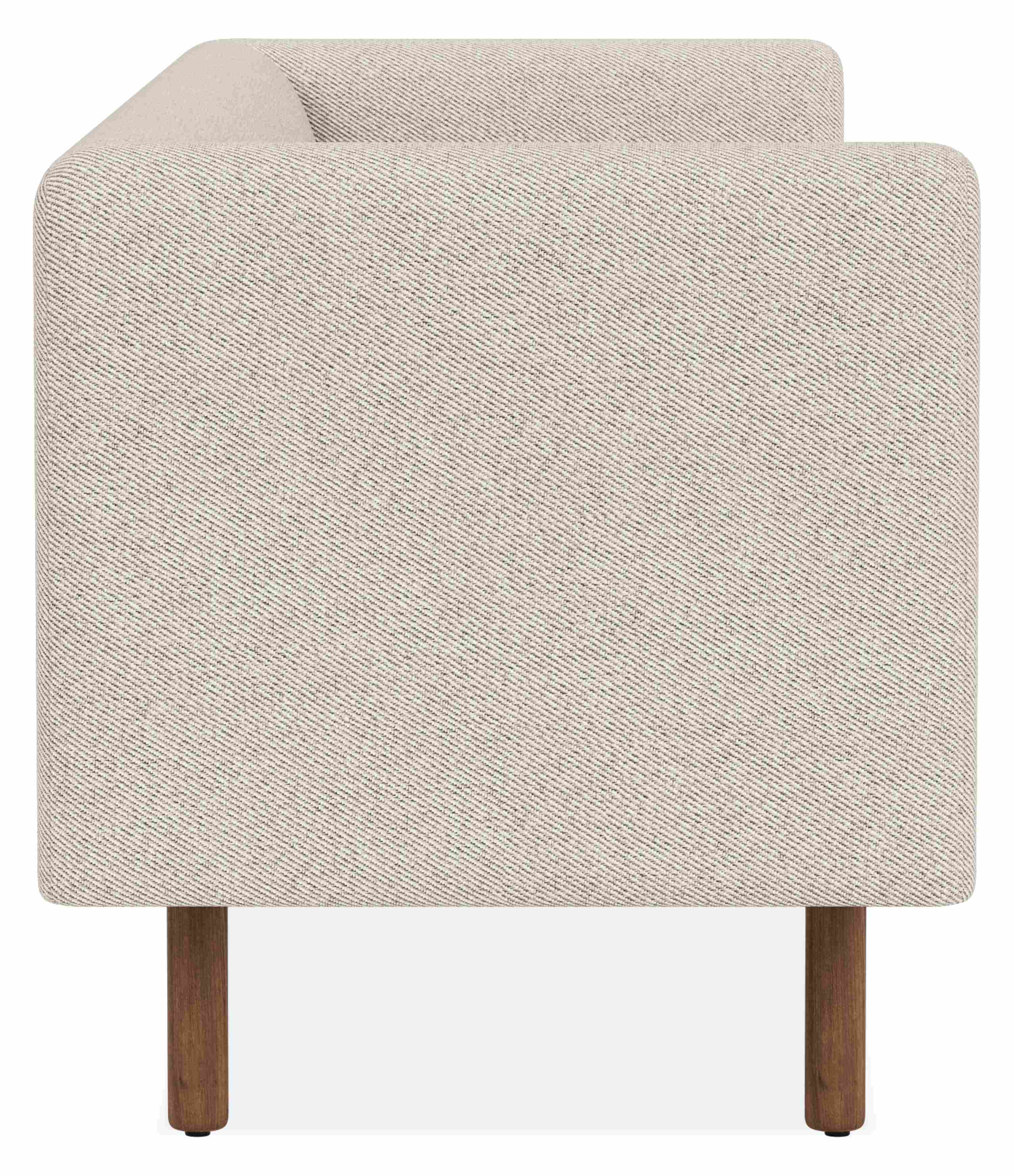 Side view of Satler 60 Bench in Derry Natural Fabric with Walnut Wood Base.