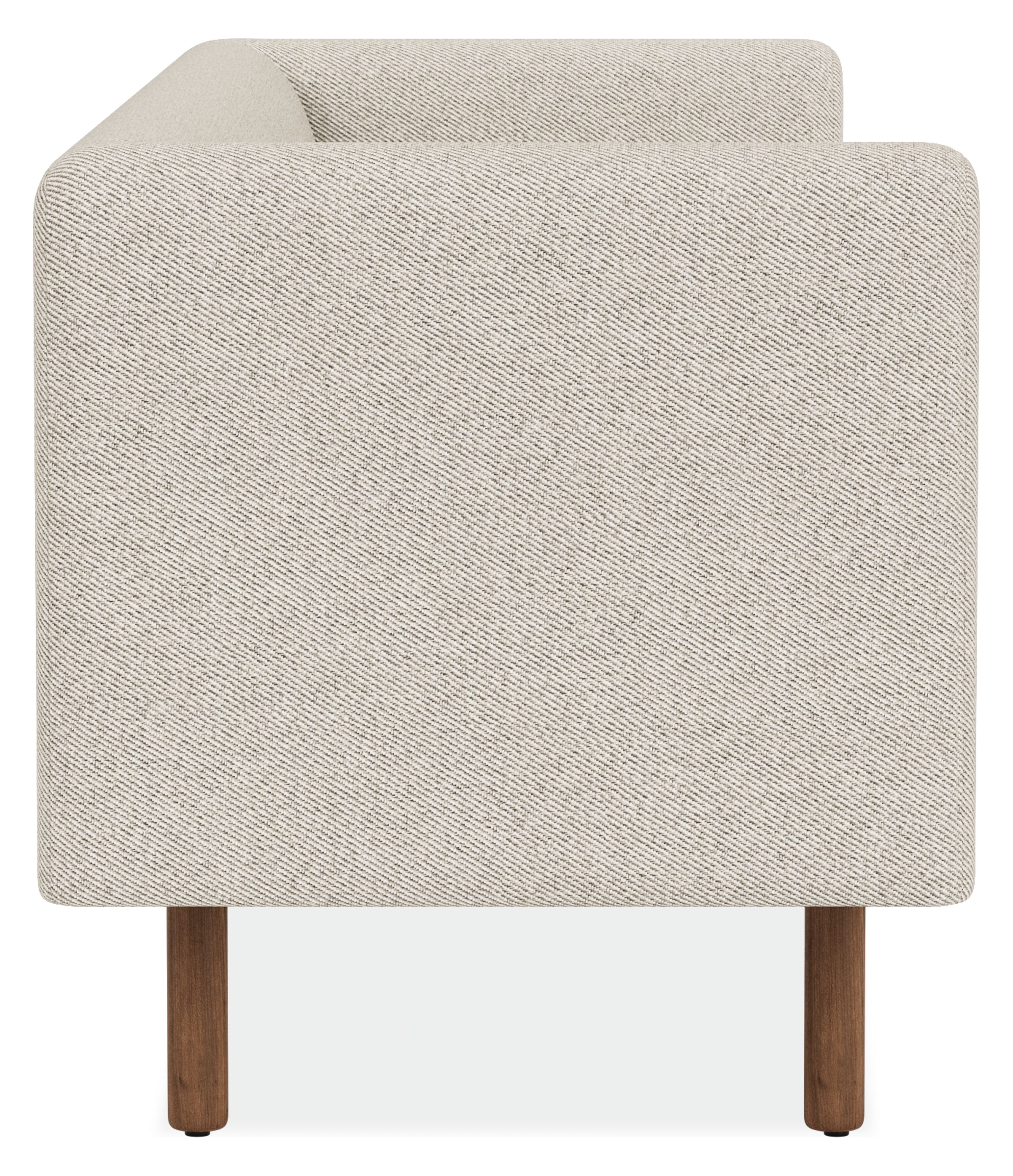 Side view of Satler 60 Bench in Derry Natural Fabric with Walnut Wood Base.