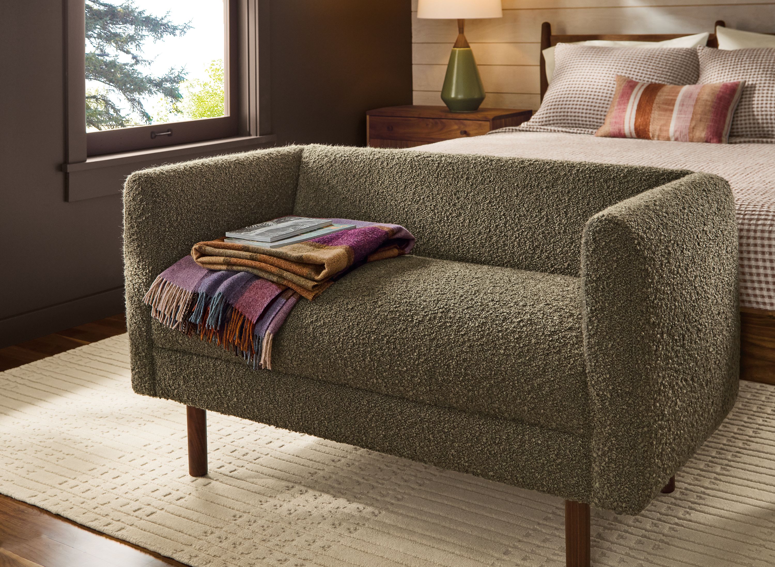 48" bench in Dornick olive fabric with walnut legs