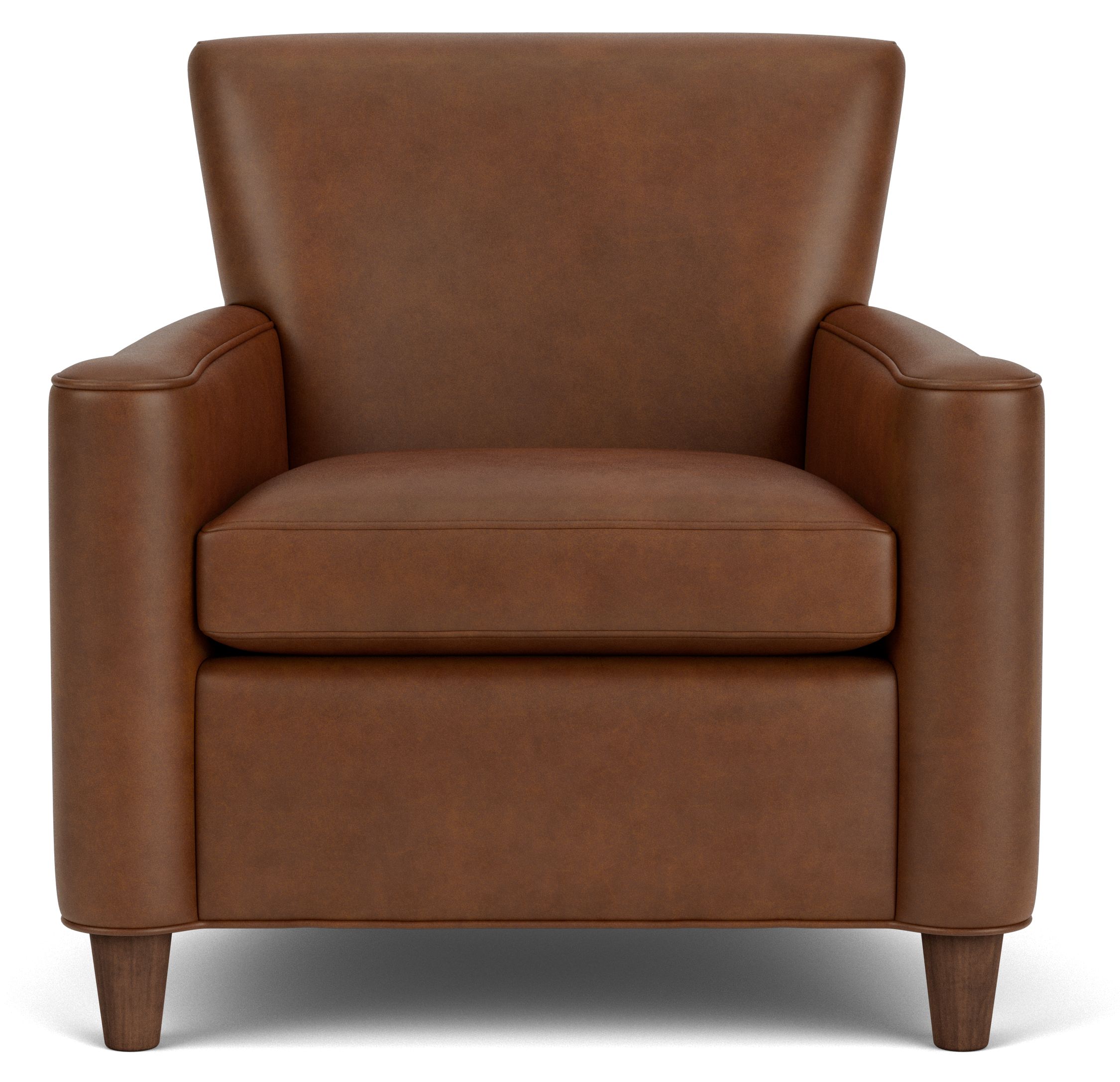 Front view of Savoy Chair in Sarto Cognac Leather and Mocha legs.