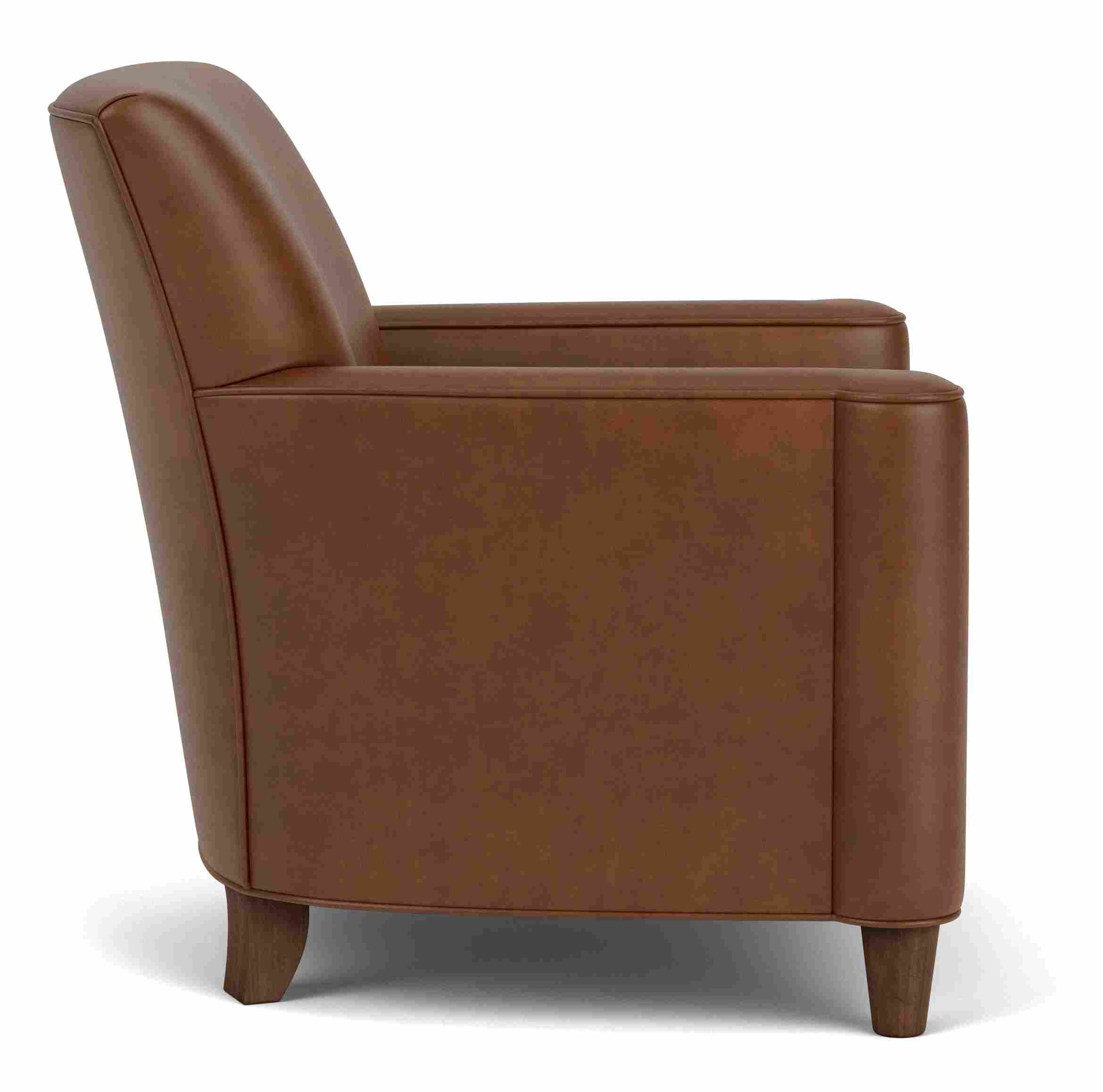 Side view of Savoy Chair in Sarto Cognac Leather and Mocha legs.