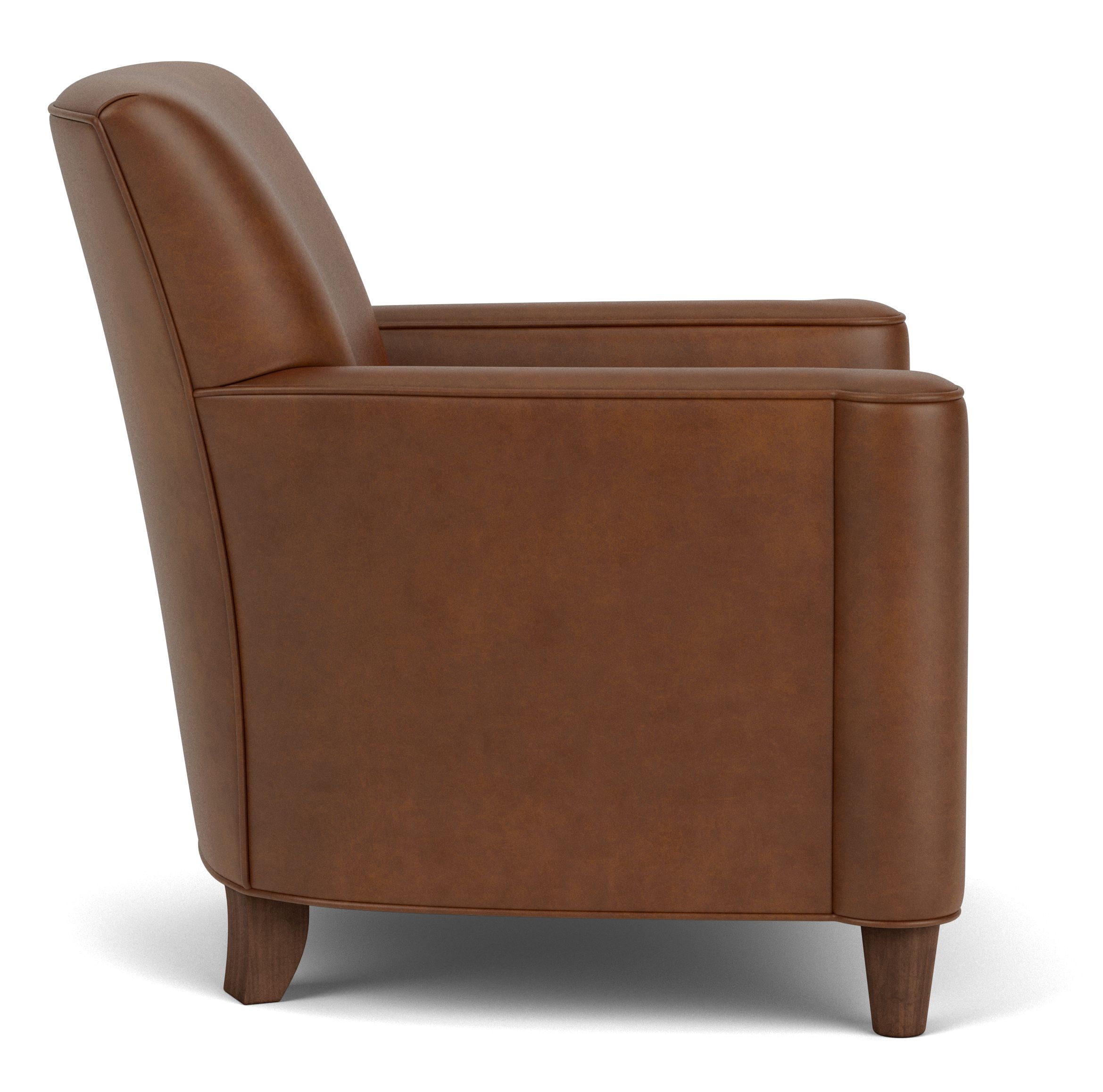Side view of Savoy Chair in Sarto Cognac Leather and Mocha legs.