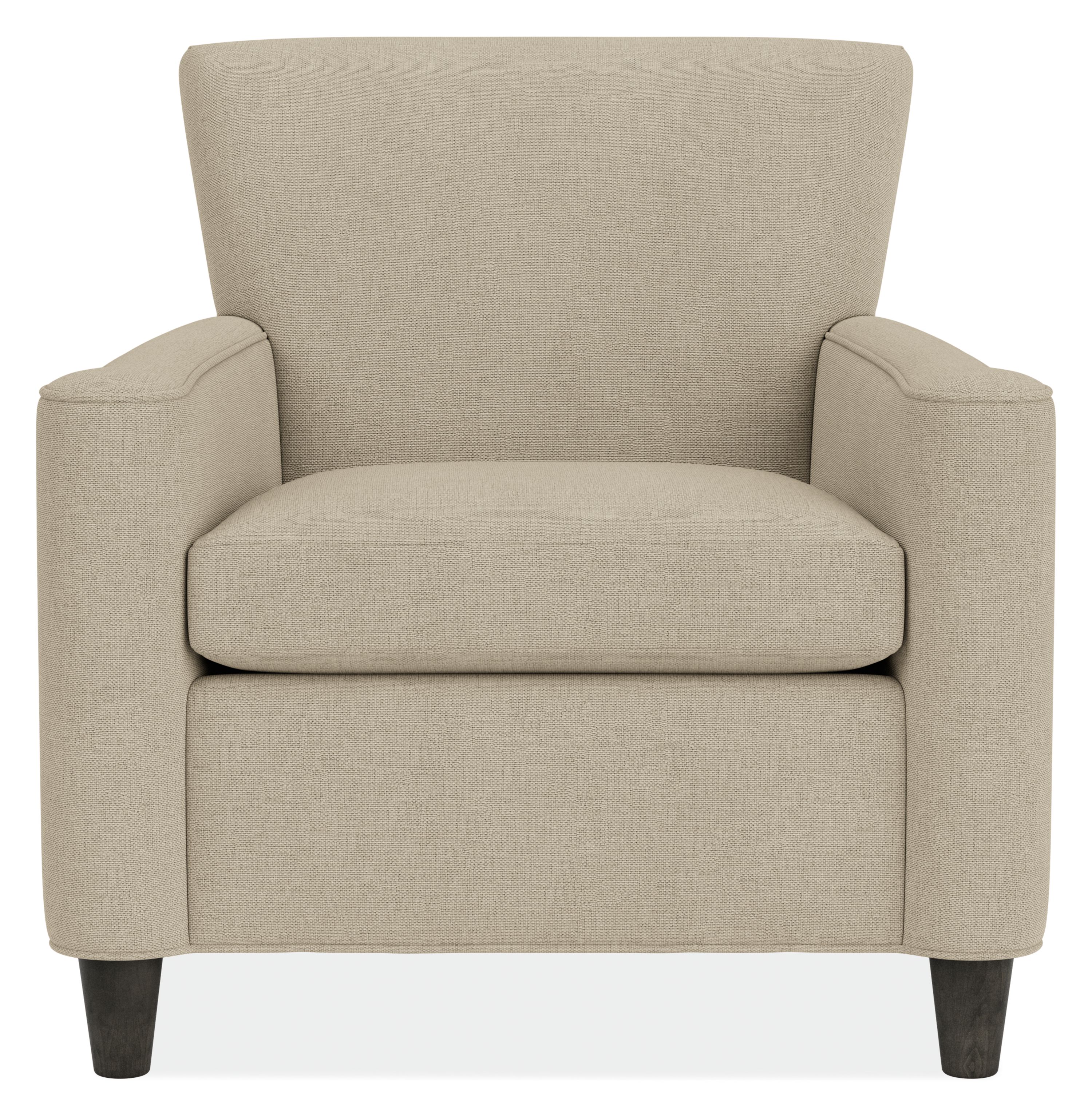 Front view of Savoy Chair in Sumner Flax with Charcoal Legs.