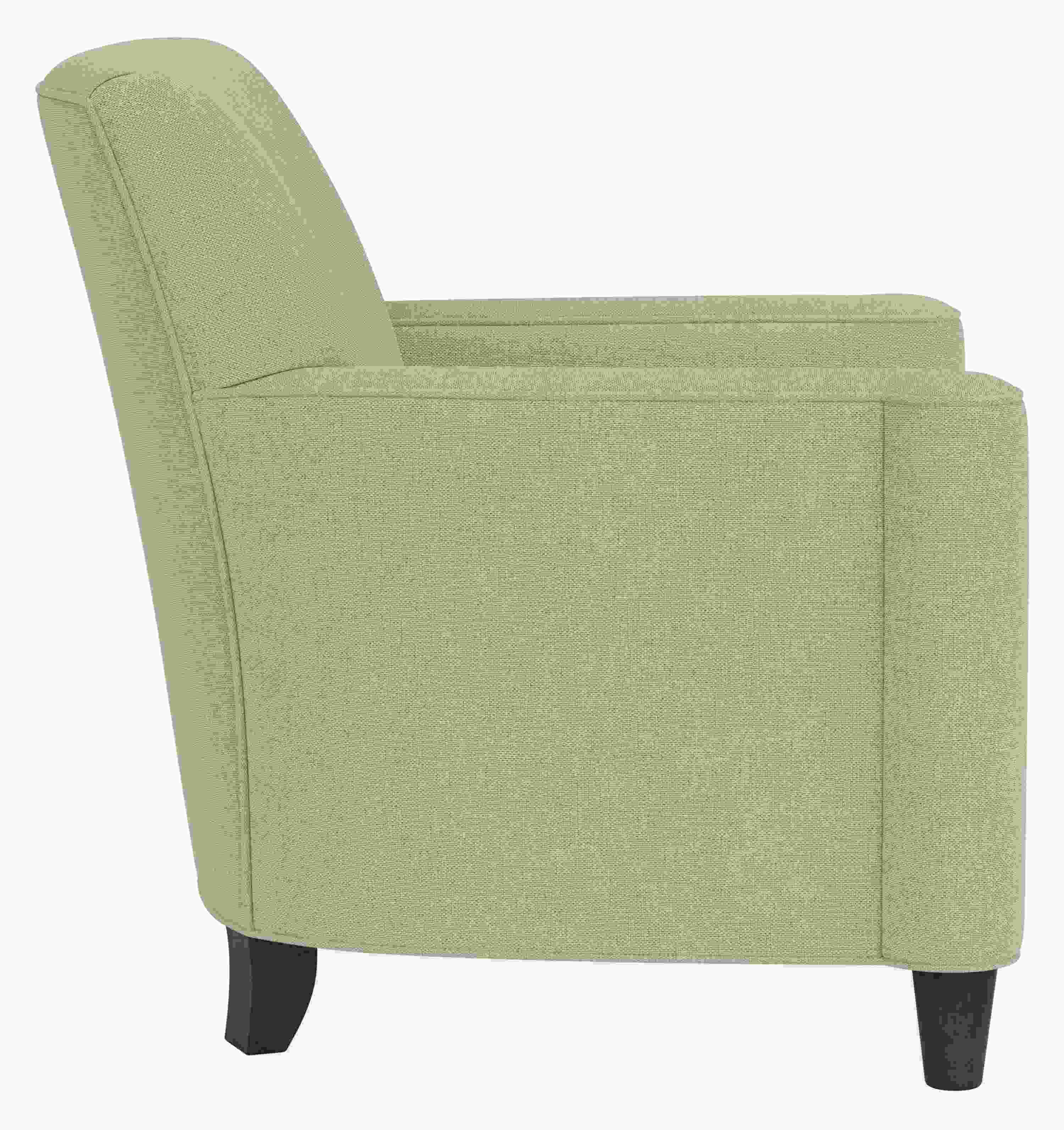 Side view of Savoy Chair in Sumner Flax with Charcoal Legs.