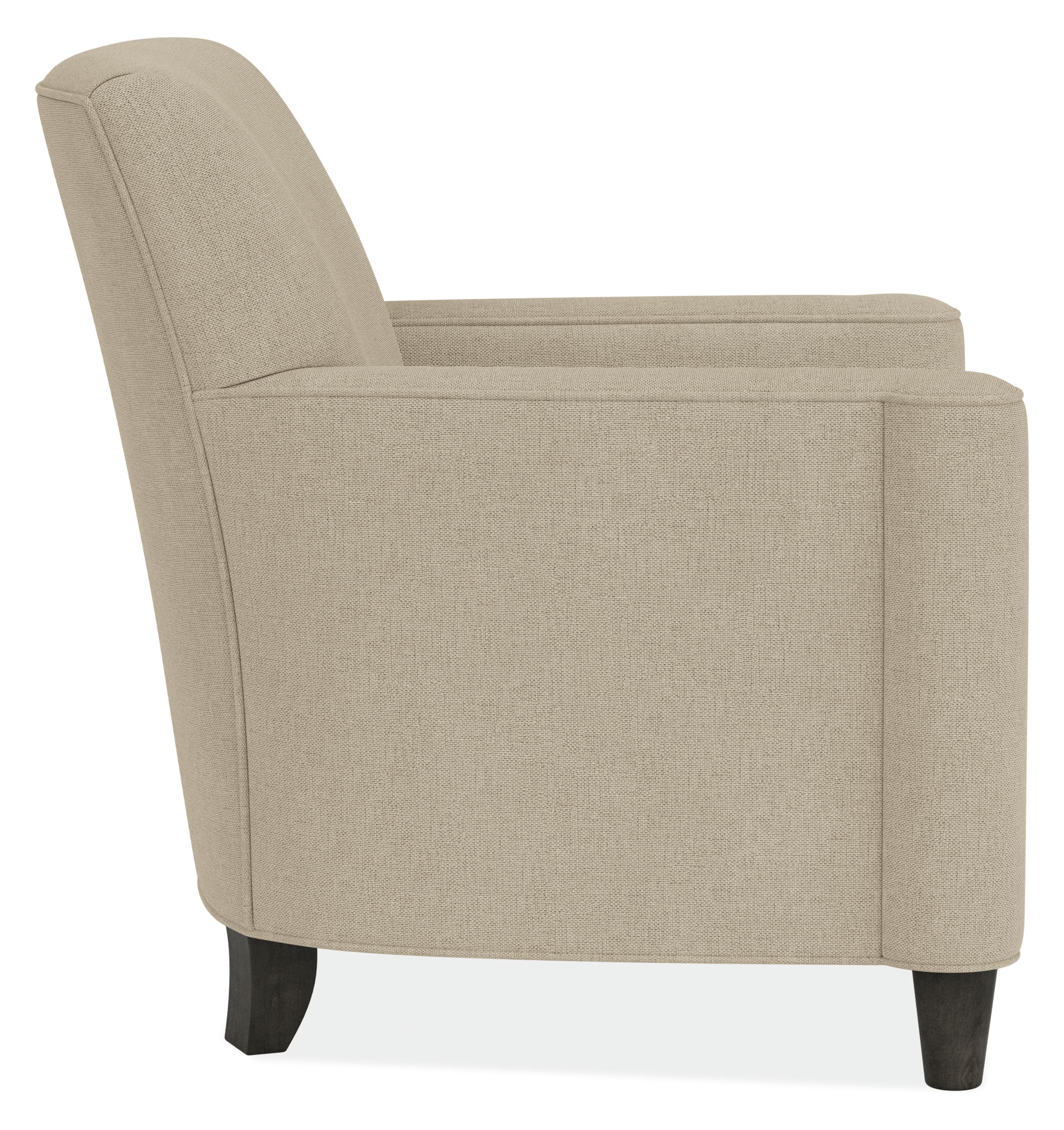 Side view of Savoy Chair in Sumner Flax with Charcoal Legs.