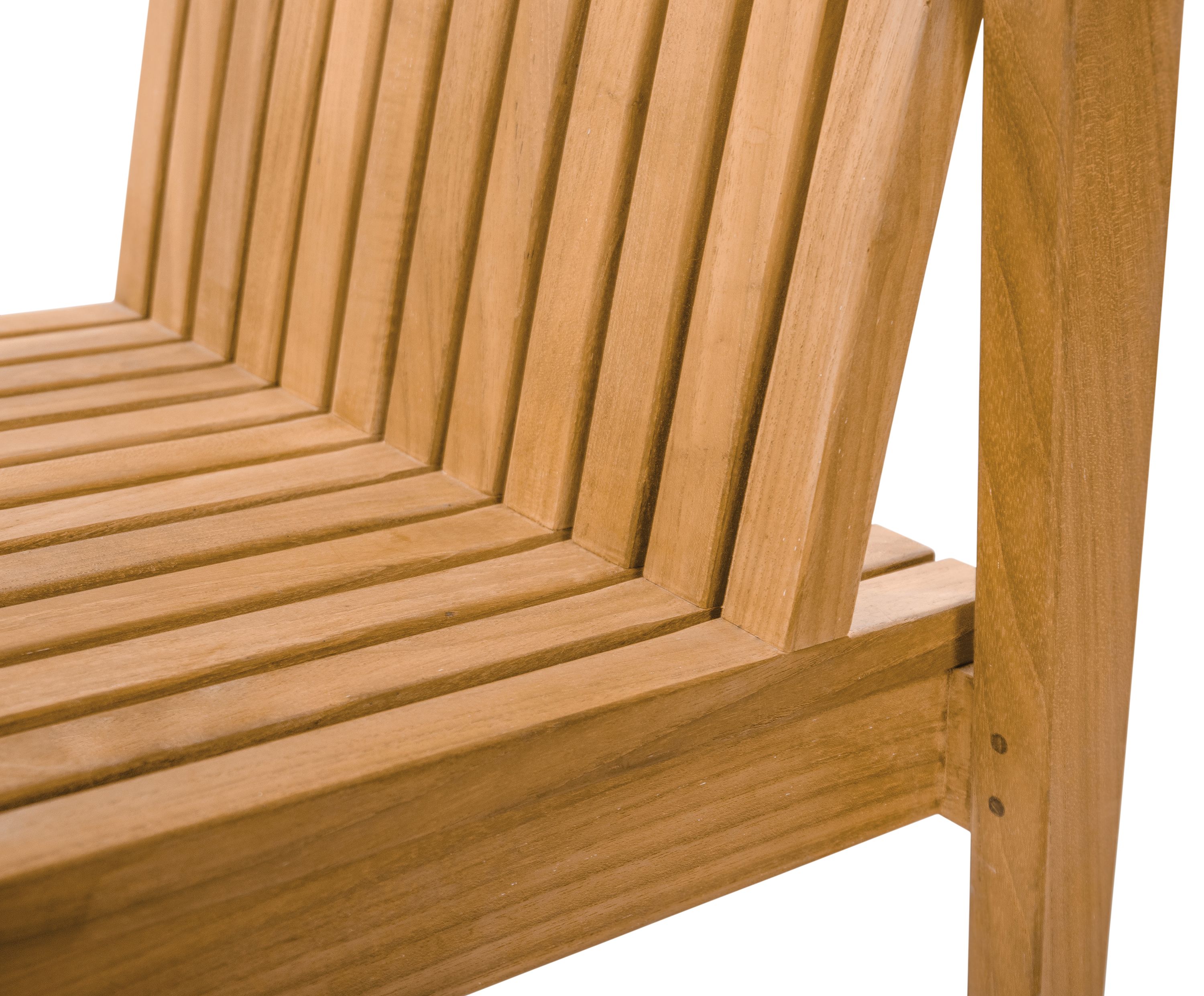 Detail of seat and back joinery on a Savu arm chair in teak heartwood.