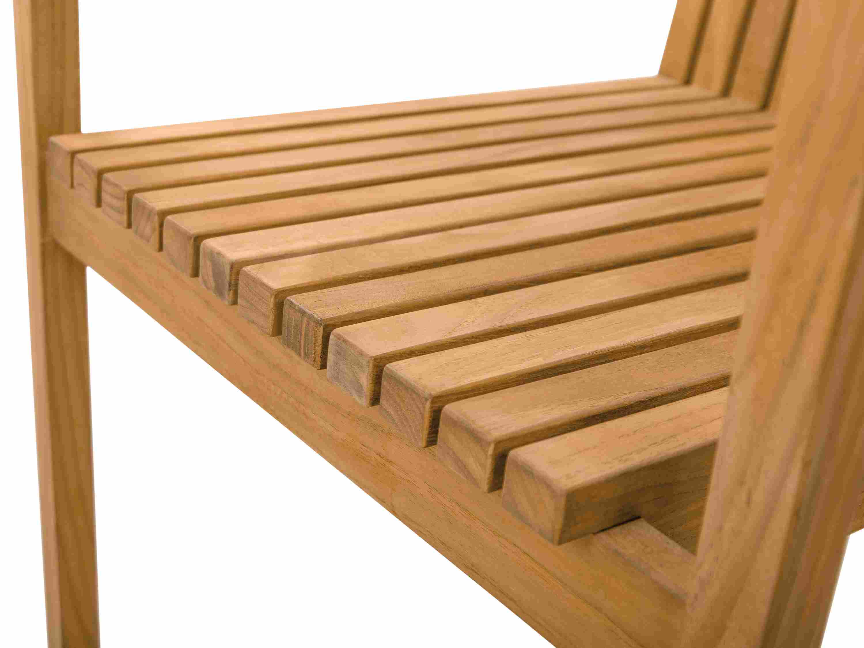 Detail of the front seat area on a Savu arm chair in teak heartwood.