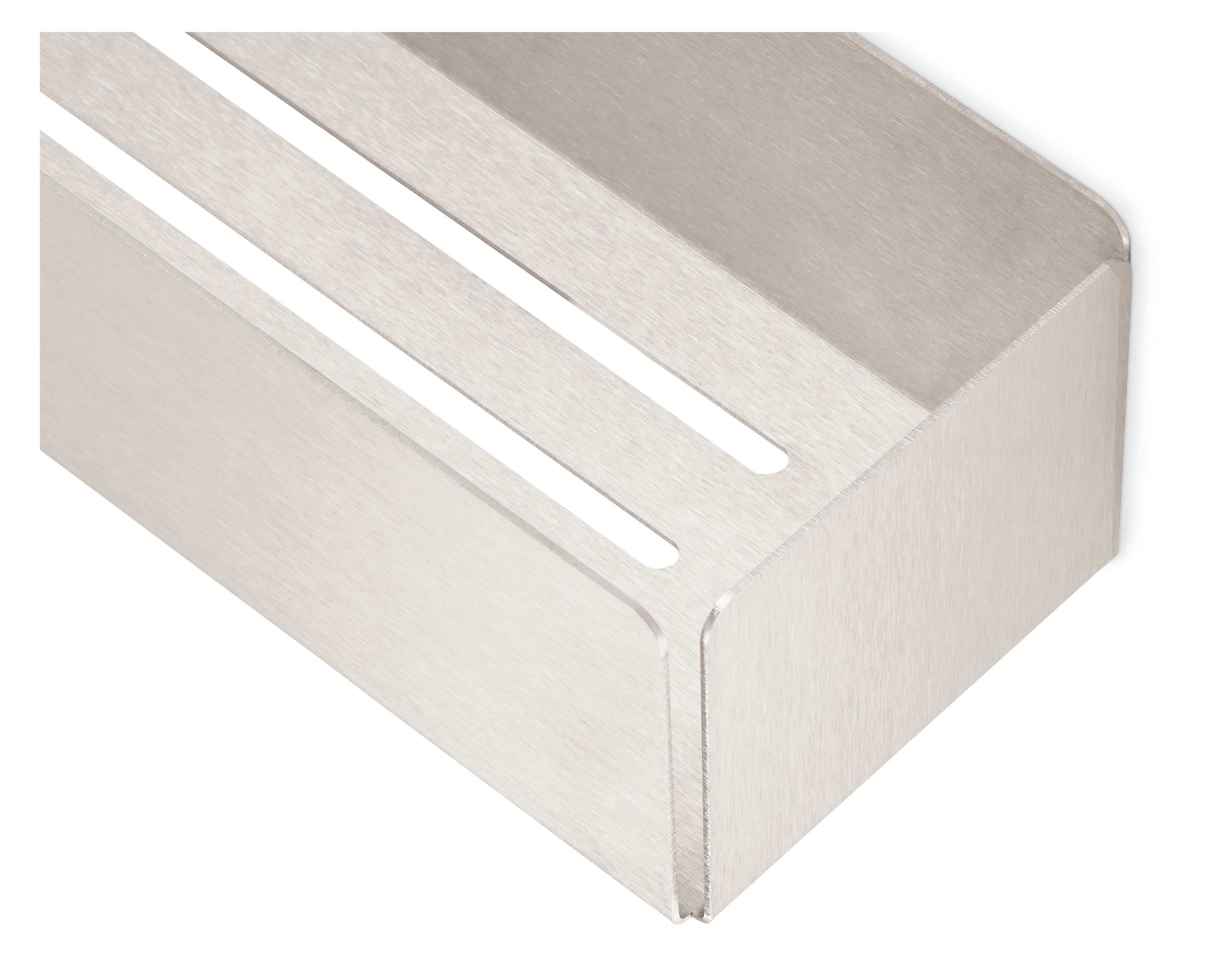 Detail of the corner of a Sawyer 12 by 4 shower caddy in stainless steel.