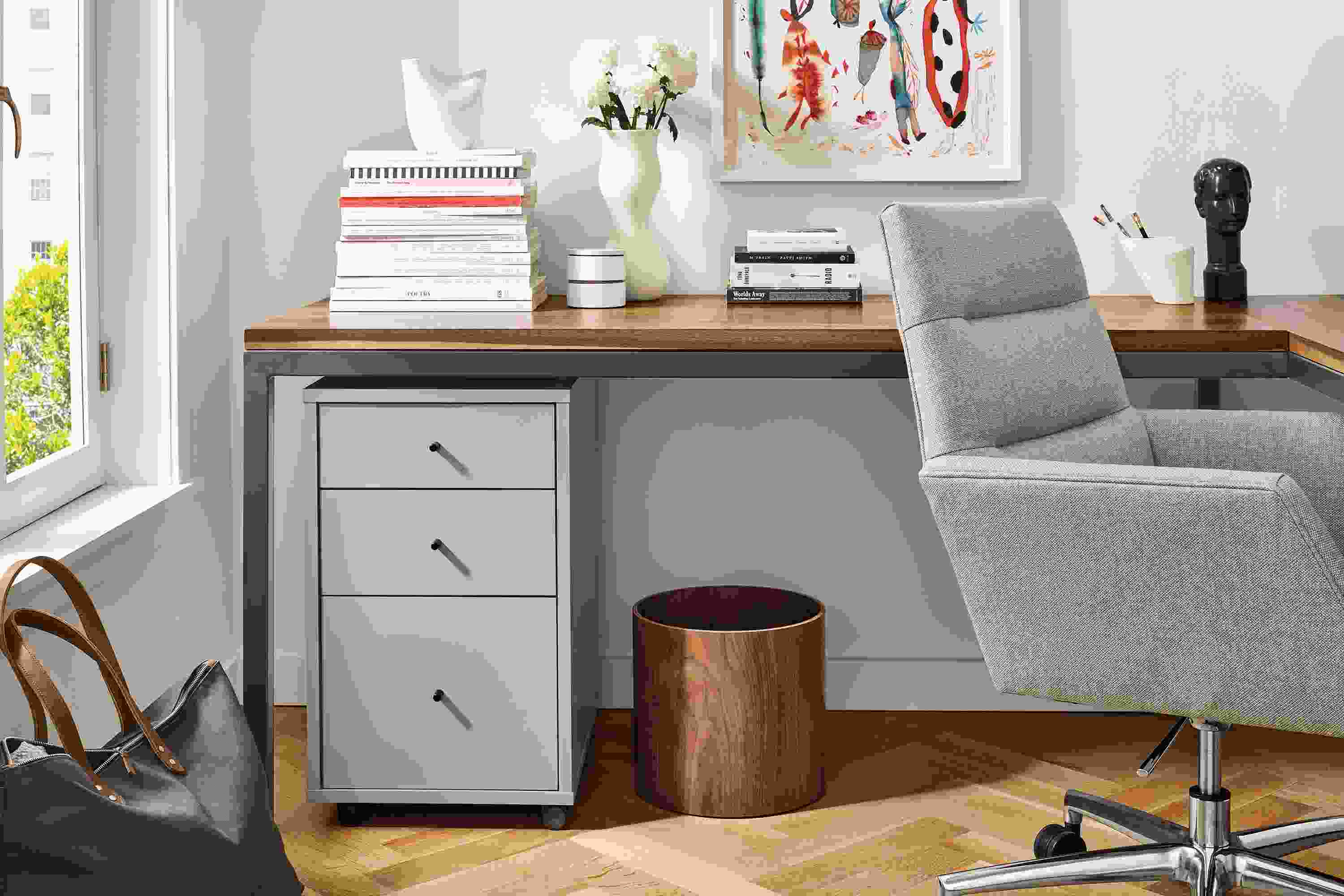 Office with Tenley office chair in Sumner Cement and sequel rolling file cabinet beneath parsons desk.