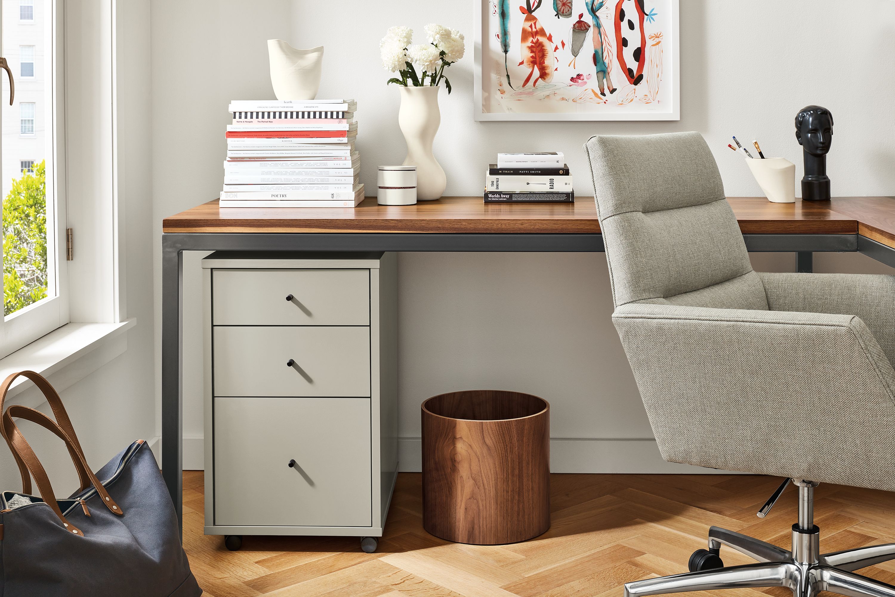 office with tenley office chair and sequel rolling file cabinet beneath parsons desk.