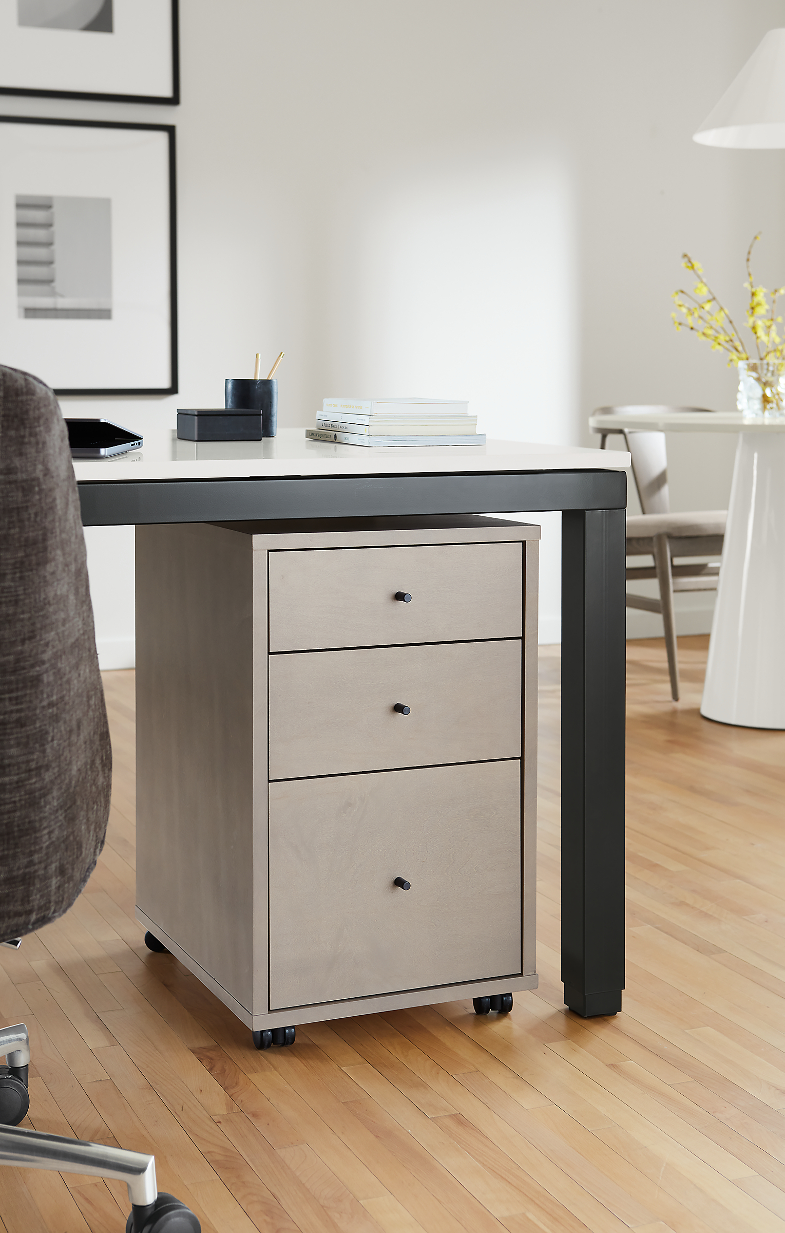 Office area with Sequel file cabinet in shell with Parsons adjustable standing desk.