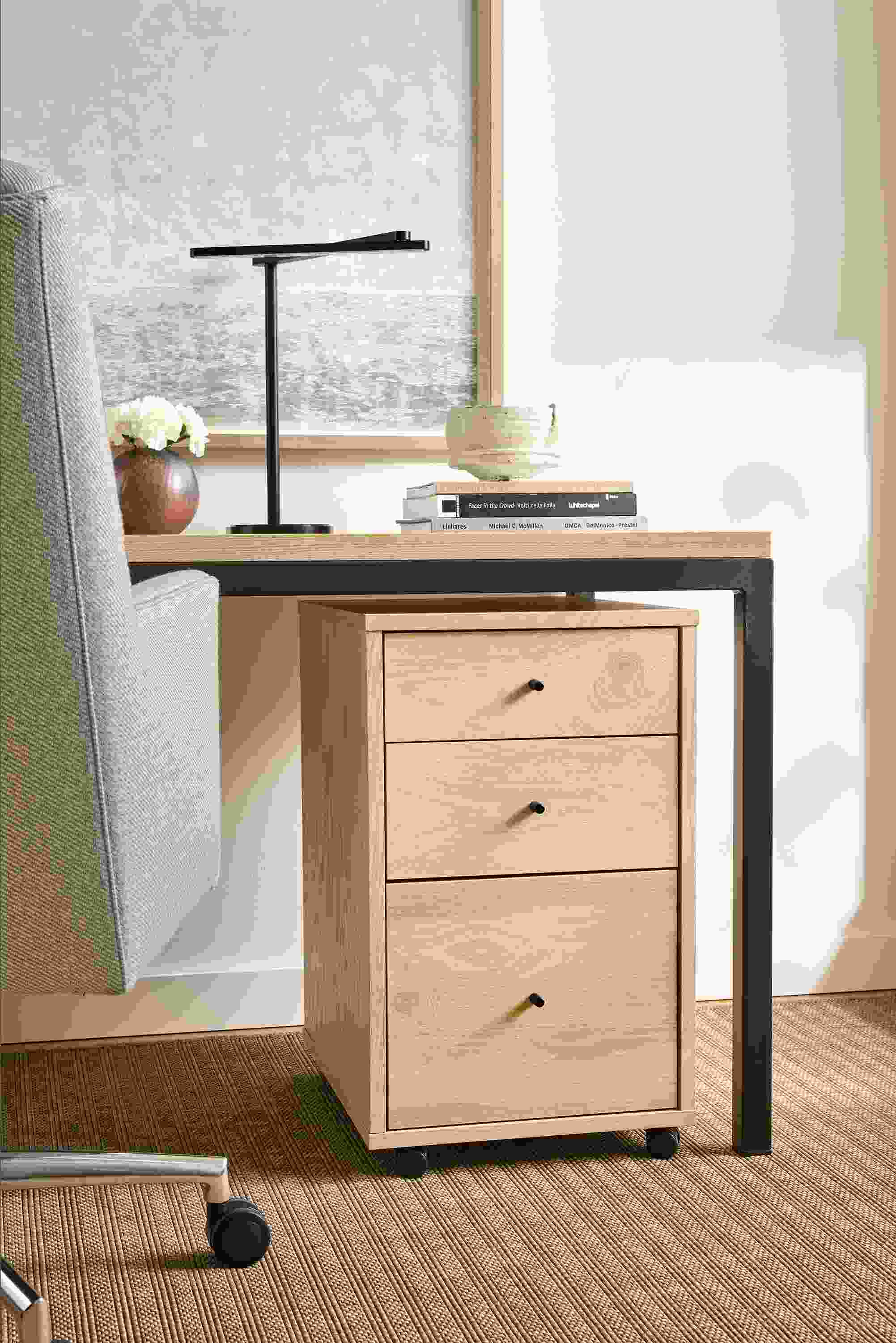 Home office with detail of Sequel 16 by 20 rolling file cabinet in salt on red oak.