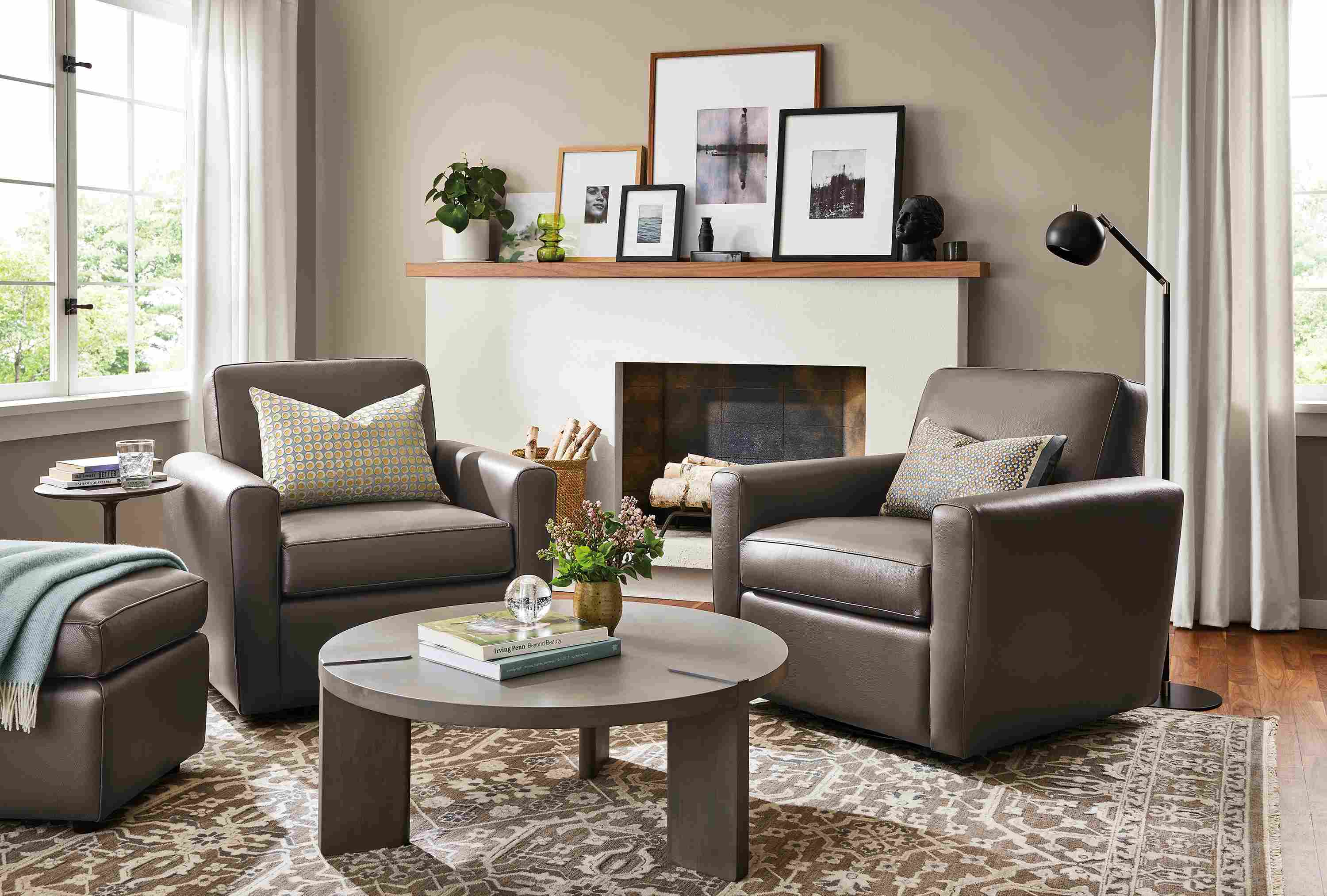 Living room with two Seth chairs in Urbino Smoke with Hanover coffee table in shell.