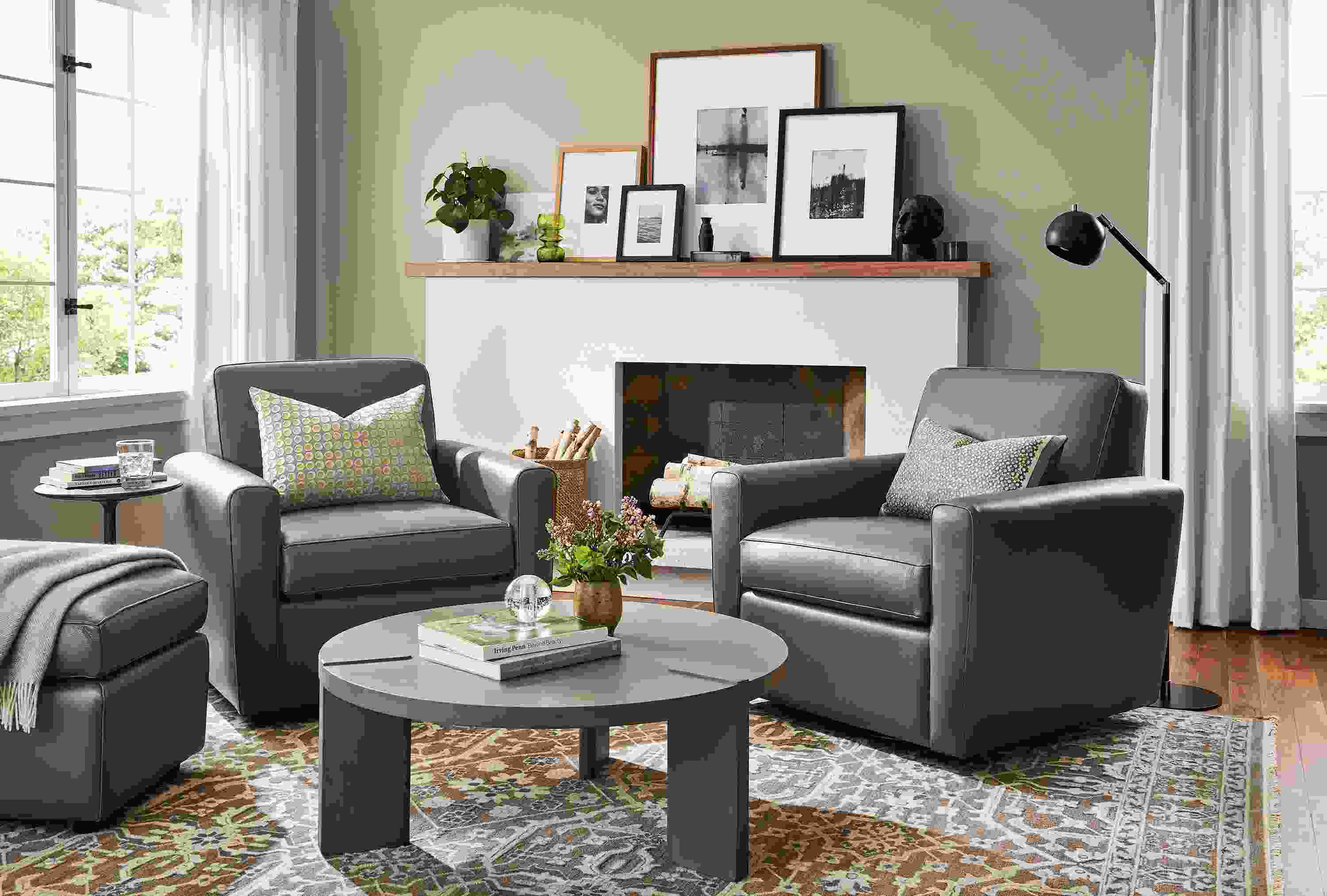 Living room with two Seth chairs in Urbino Smoke with Hanover coffee table in shell.