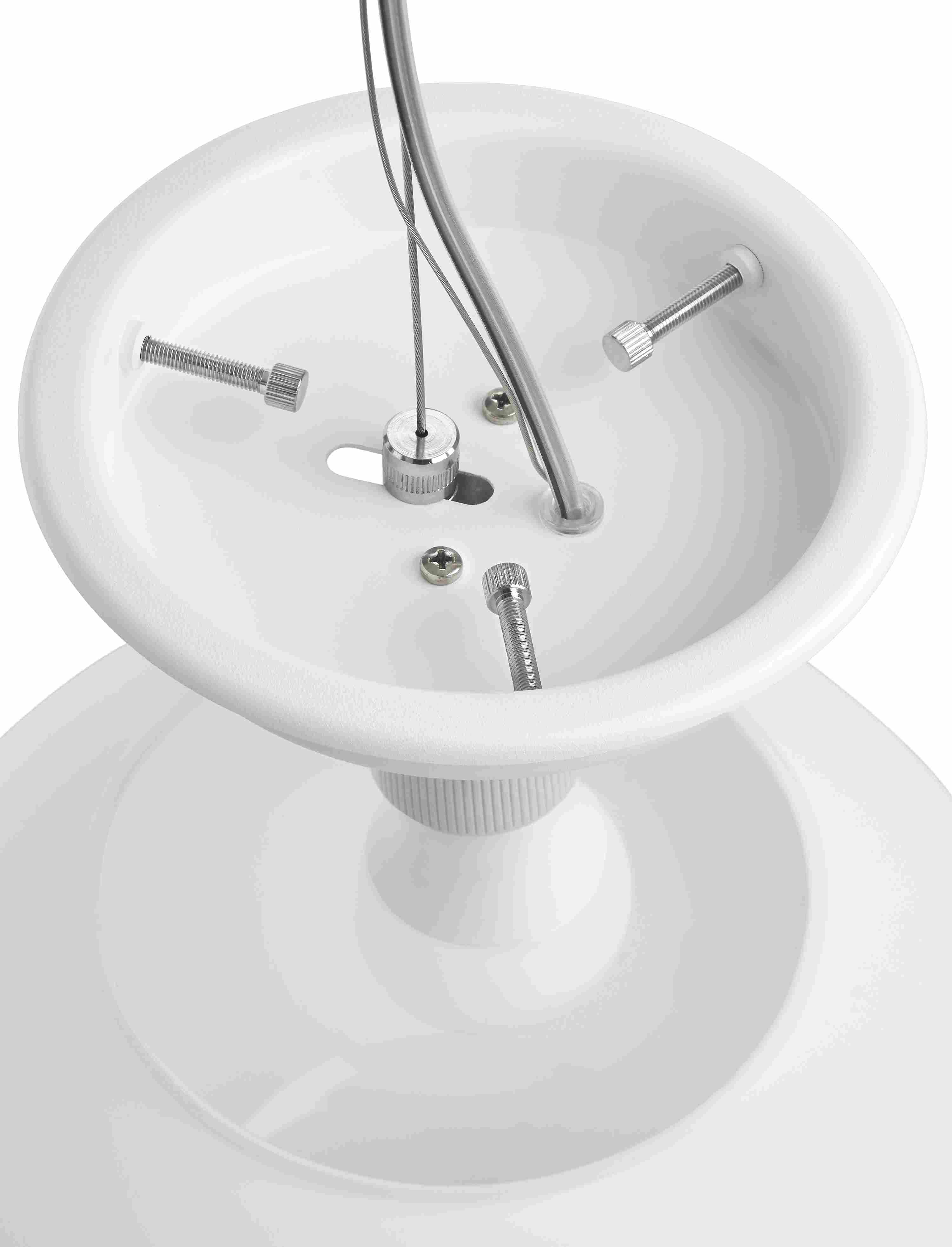 Detail of the top of the mounting plate showing globe tension bolts and height adjustment nut of sfera pendant light.