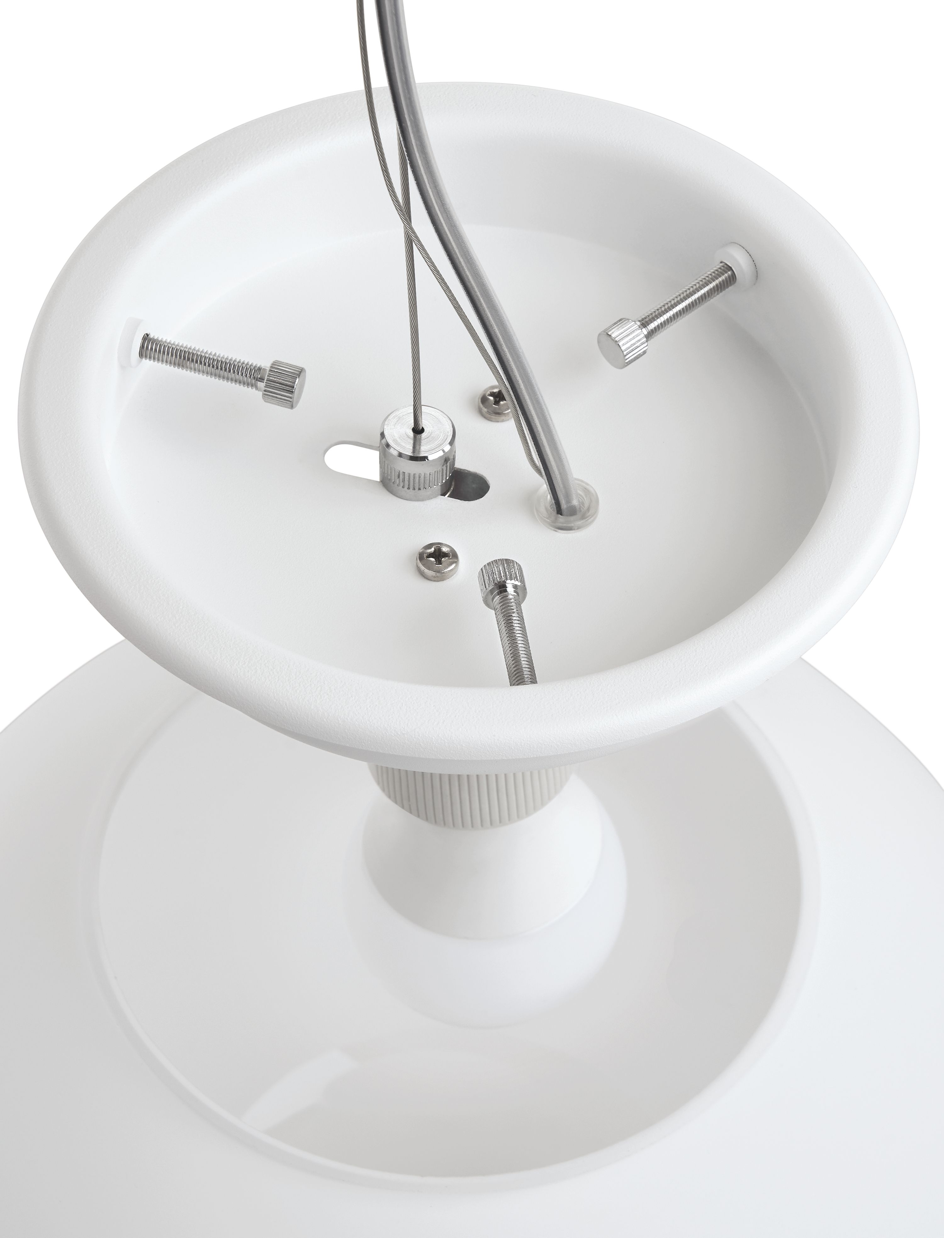Detail of the top of the mounting plate showing globe tension bolts and height adjustment nut of sfera pendant light.
