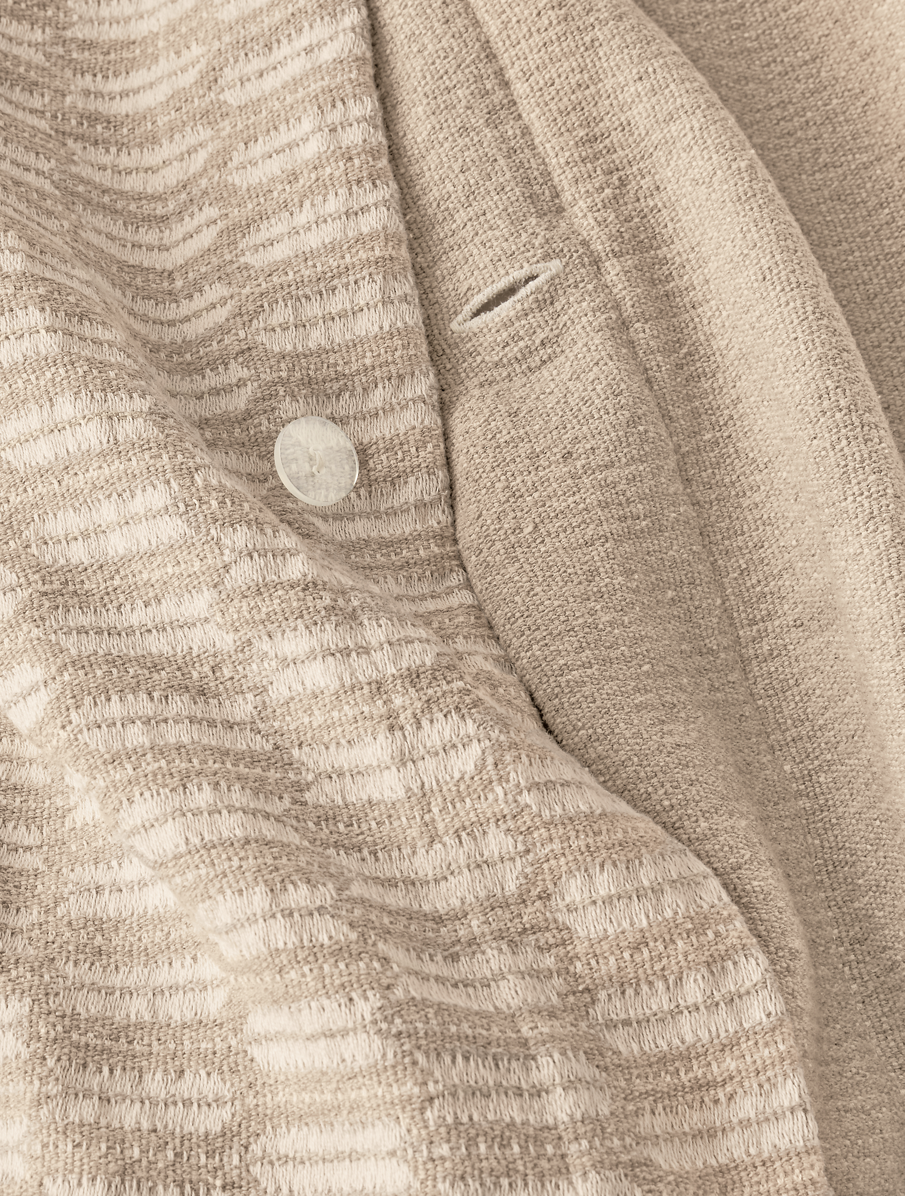 Close button detail of queen Sheffield duvet cover in ivory.