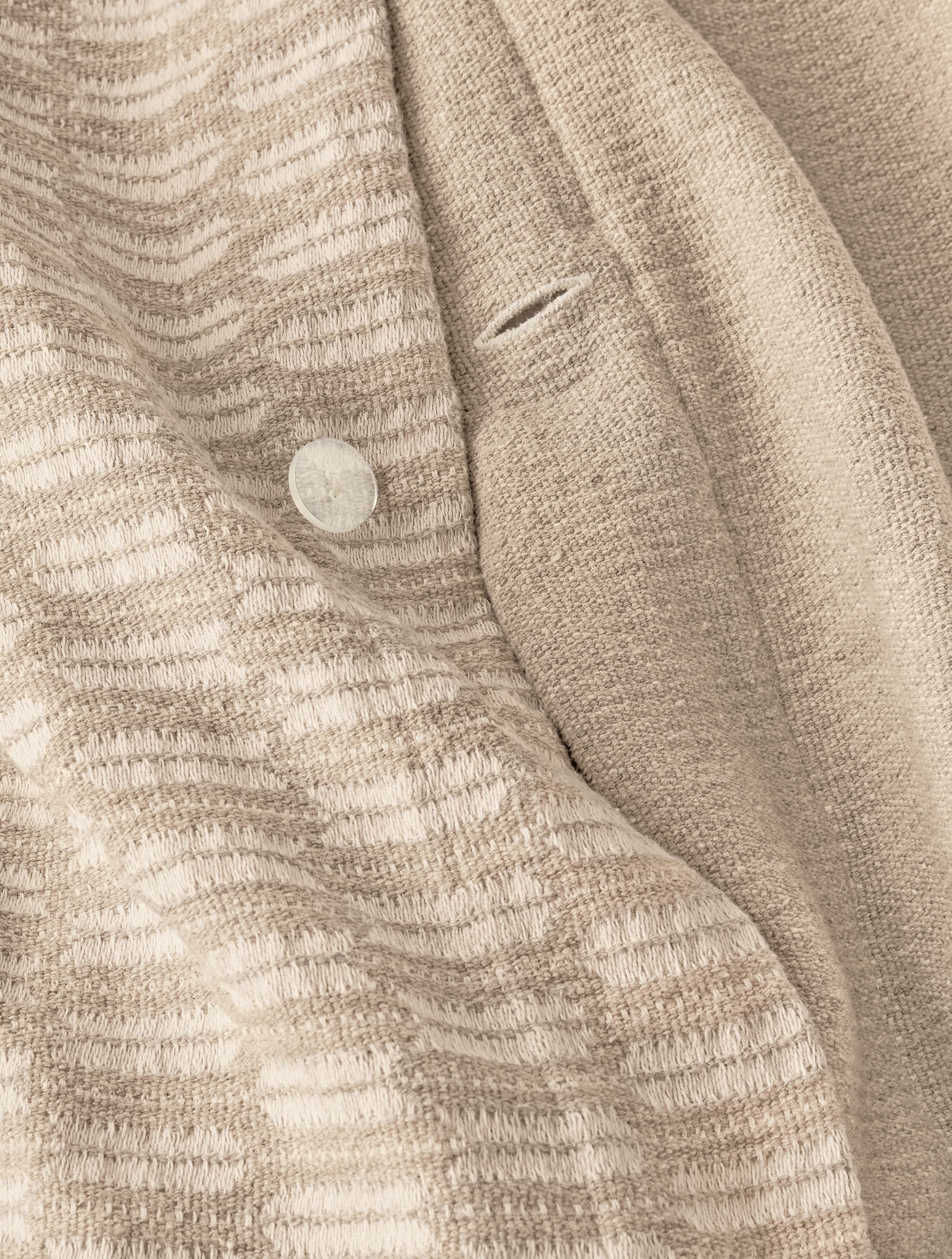 Close button detail of queen Sheffield duvet cover in ivory.