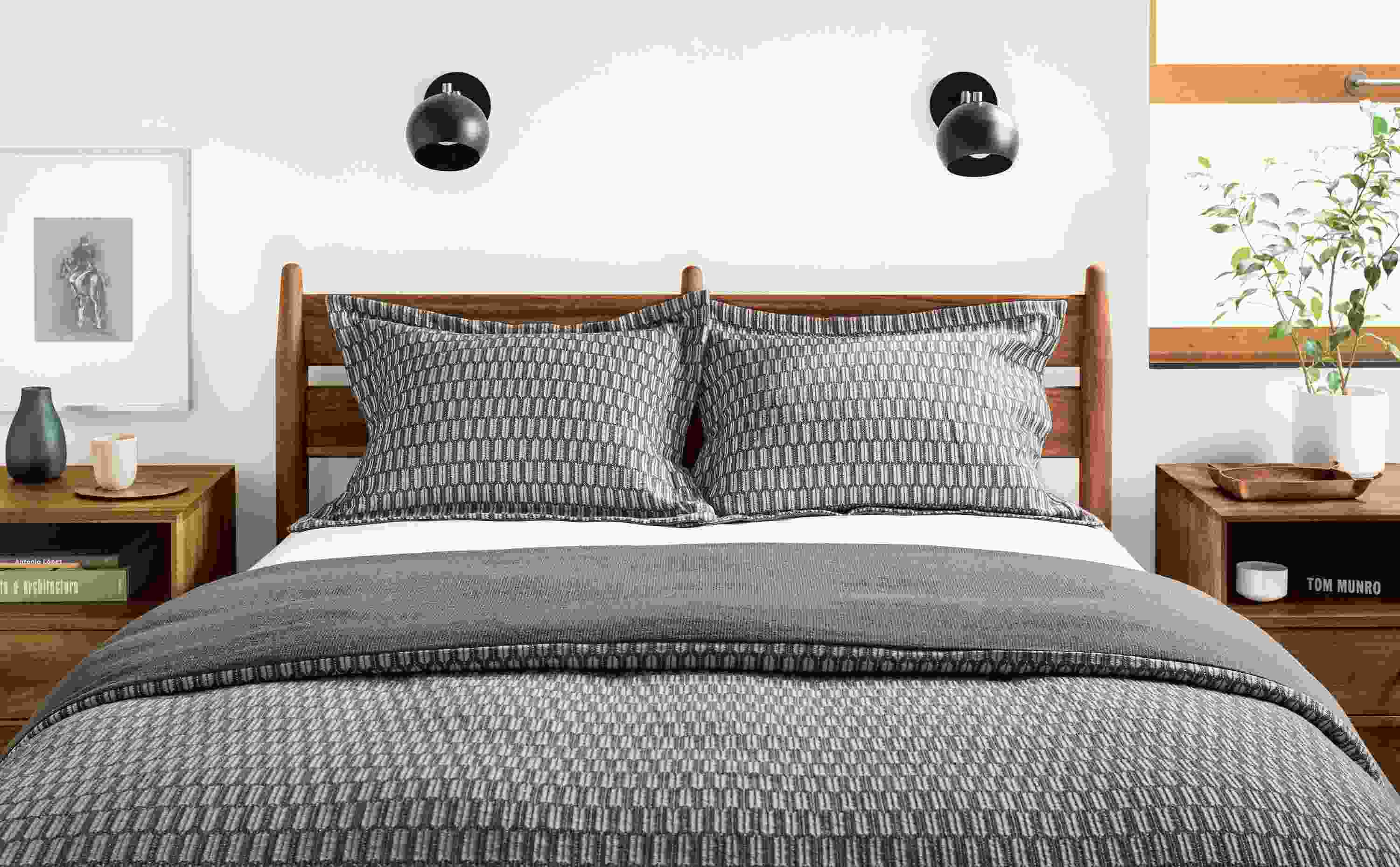 Bedroom with Sheffield full/queen duvet cover and sham in charcoal.