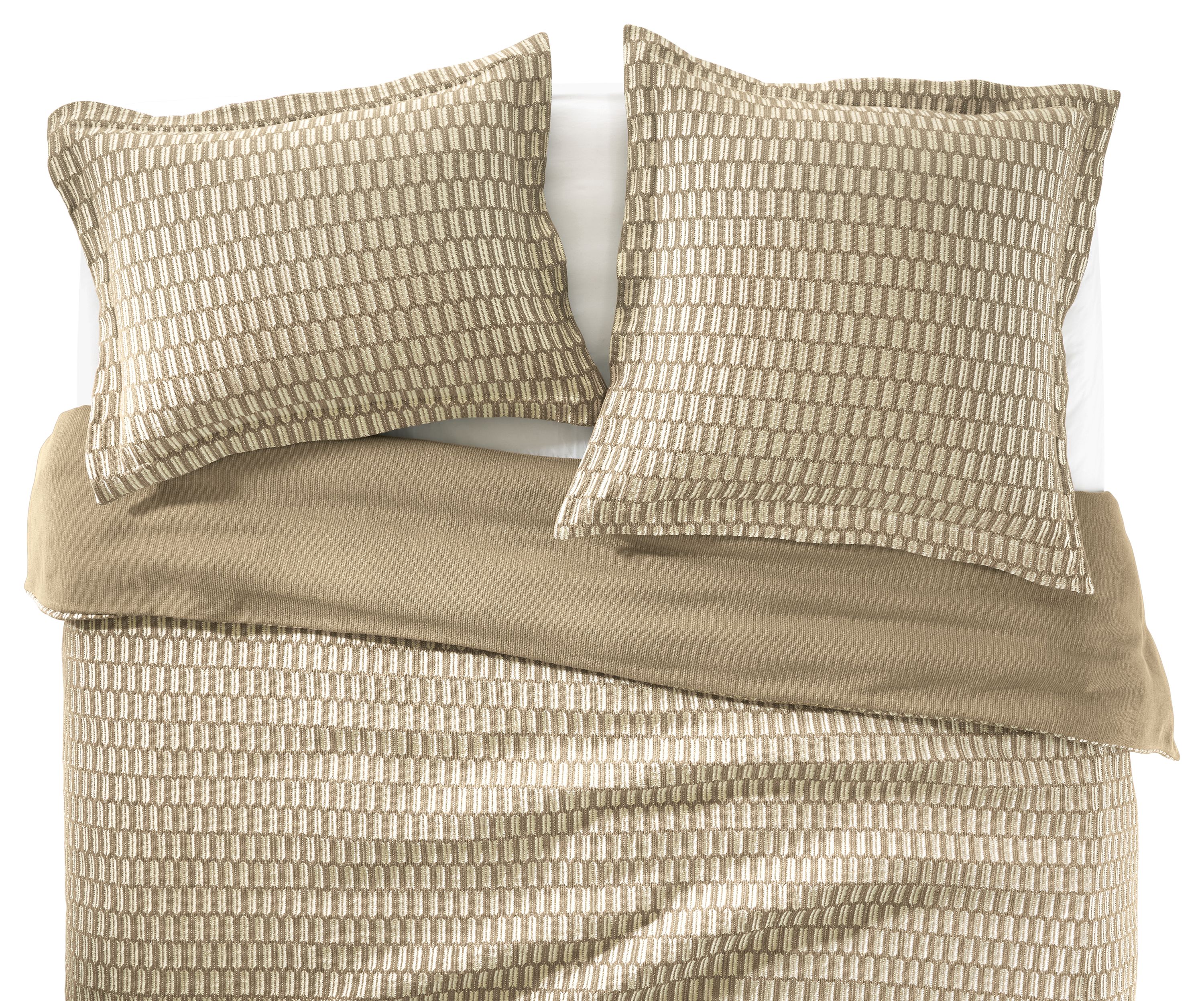 Detail of the Sheffield Duvet and Shams in taupe with White Signature Percale Sheets.