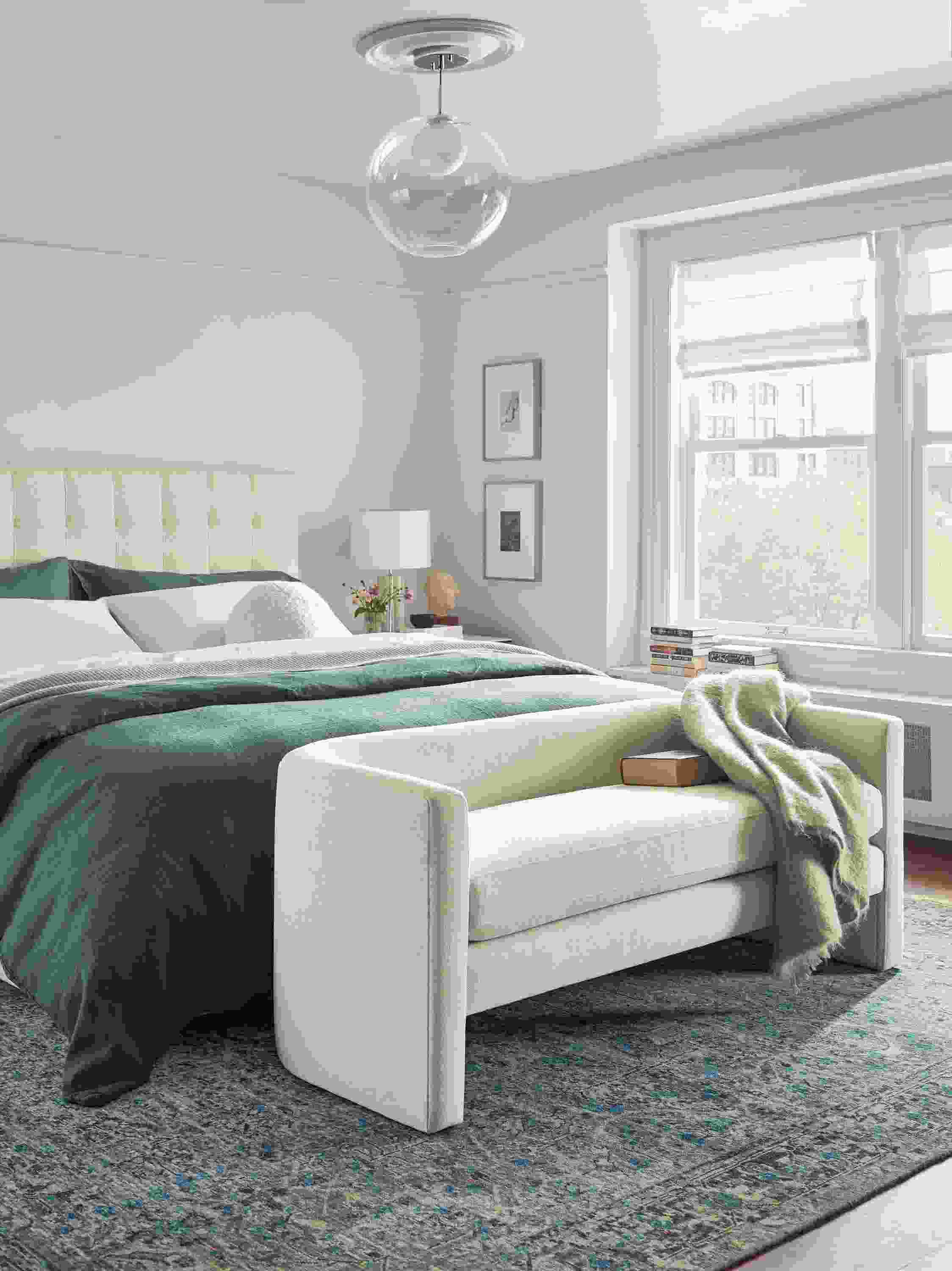Bedroom with silva 60-inch bench in sumner ivory and avery king bed.