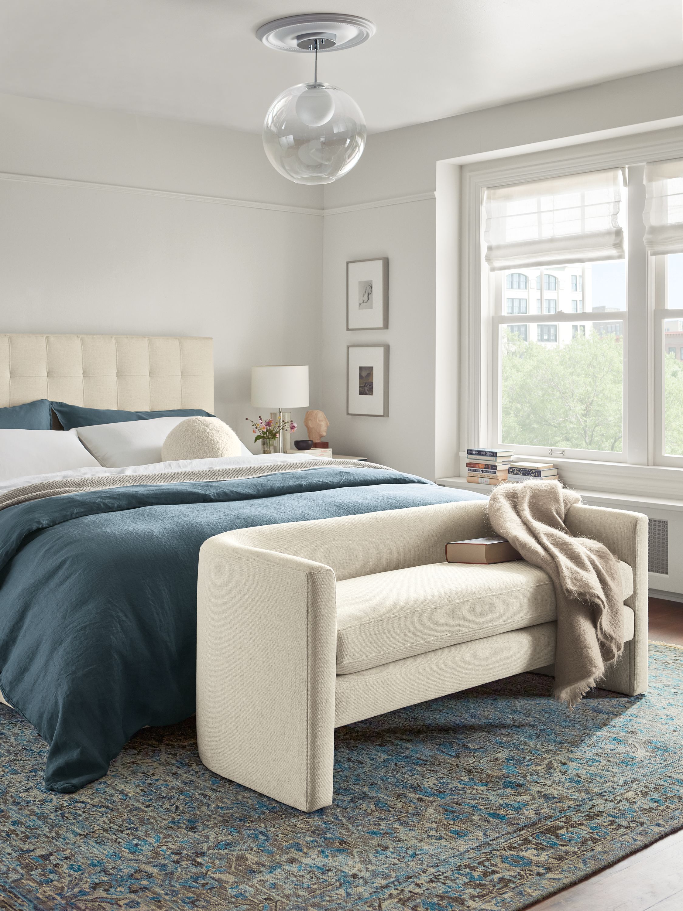 Bedroom with silva 60-inch bench in sumner ivory and avery king bed.