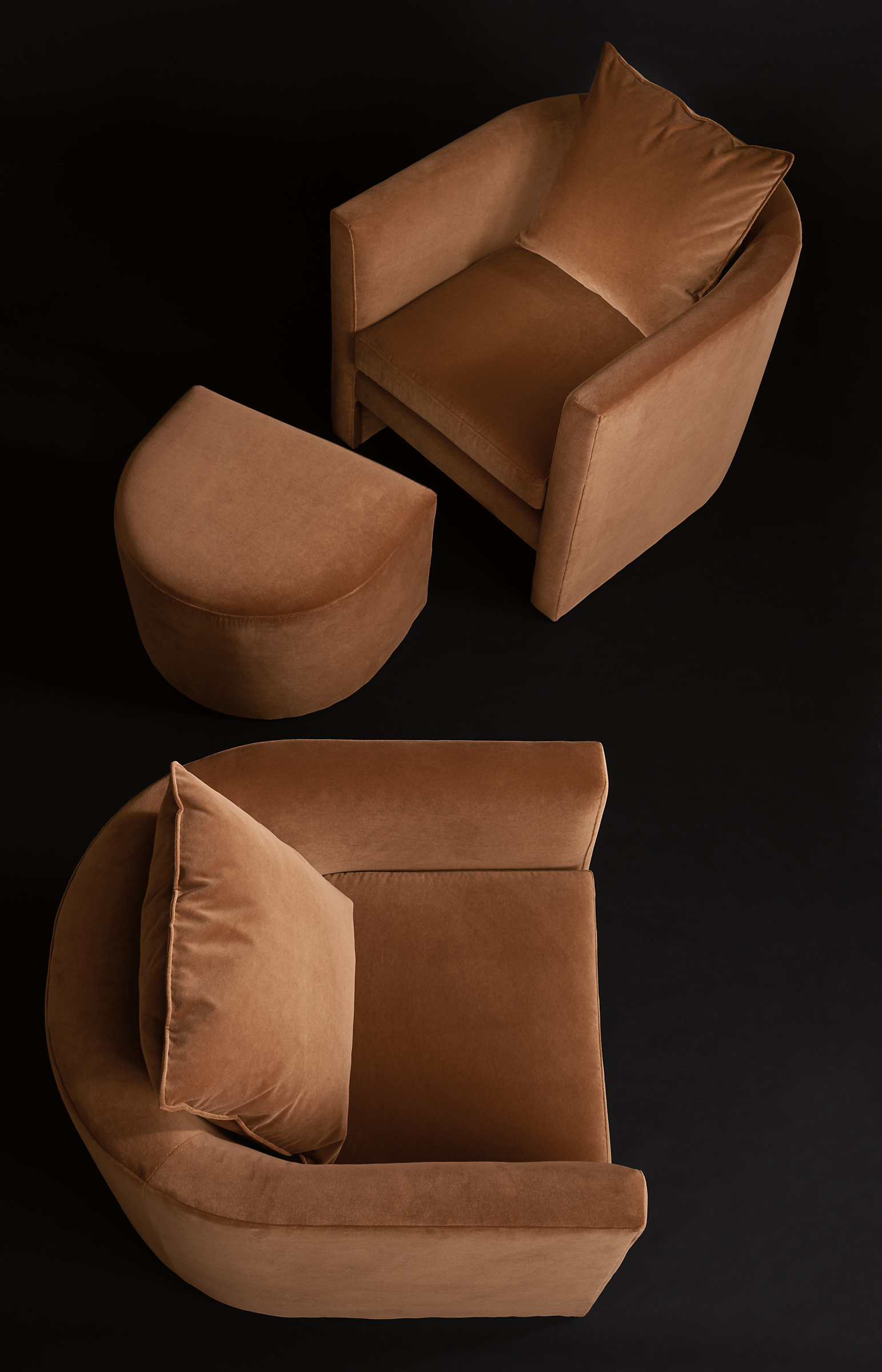 Detail of Silva Chair and Ottoman in Banks Cognac.